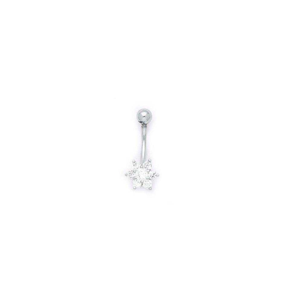 16 Gauge Solid 14kt White Gold Cubic Zirconia Flower Belly Ring