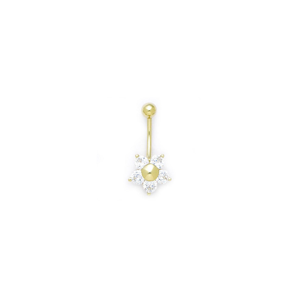 16 Gauge Solid 14kt Yellow Gold Cubic Zirconia Five Petal Flower Belly Ring