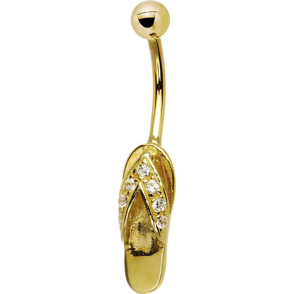 16 Gauge Solid 14kt Yellow Gold Cubic Zirconia Sandal Belly Ring