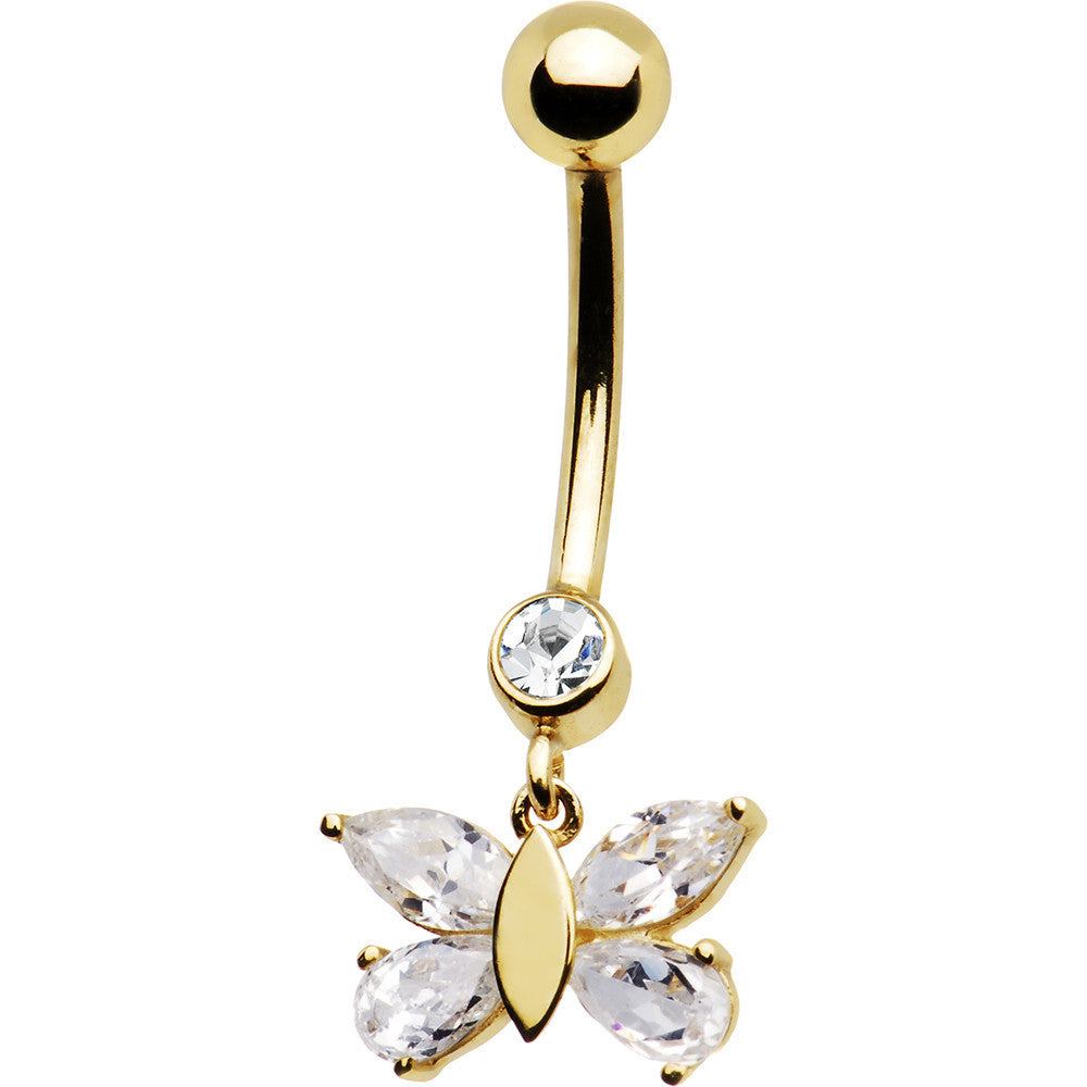 16 Gauge Solid 14kt Yellow Gold Dangle CZ Butterfly Belly Ring