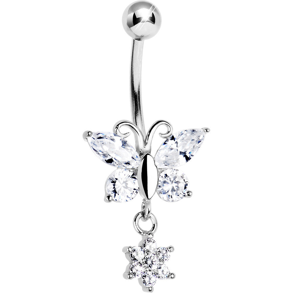 16 Gauge Solid 14kt White Gold CZ Flower Butterfly Belly Ring