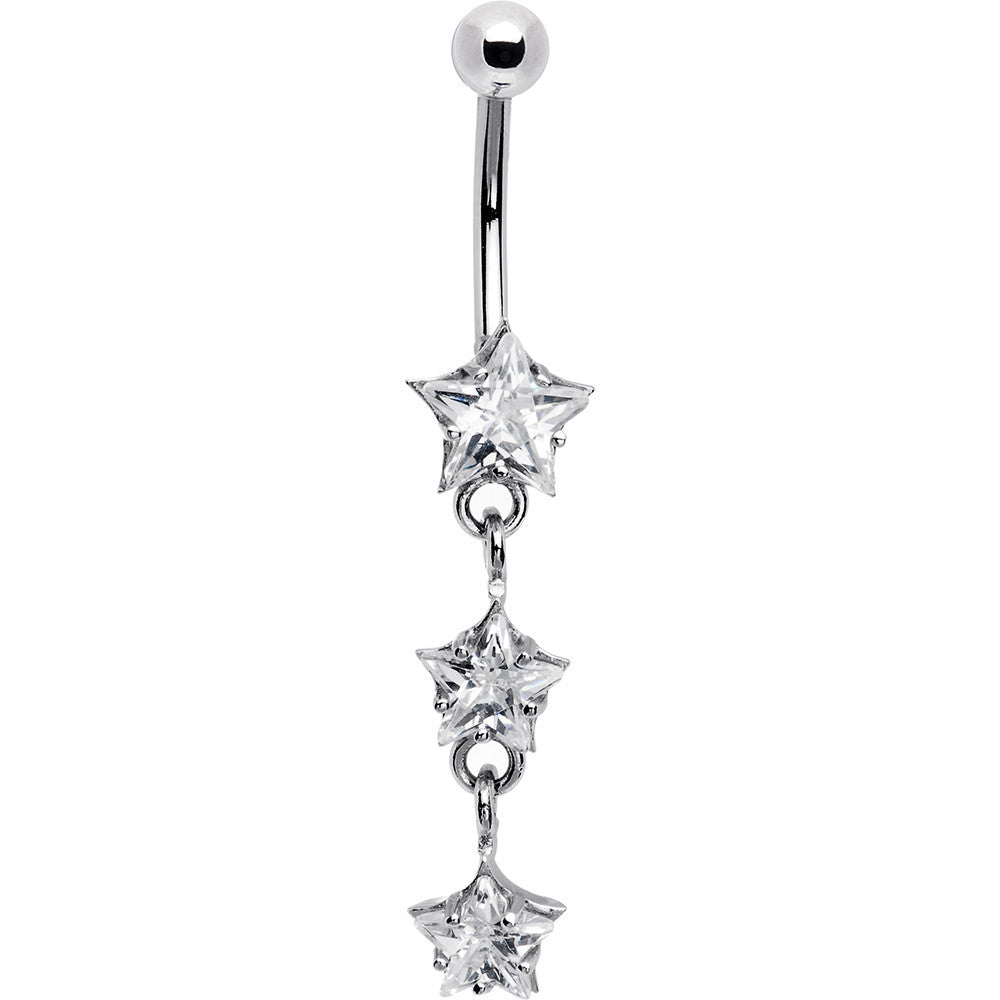 16 Gauge Solid 14kt White Gold Zirconia Trio Star Belly Ring