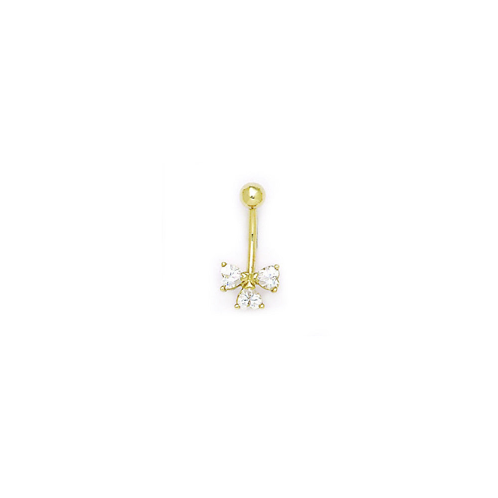 16 Gauge Solid 14kt Yellow Gold CZ Trio of Hearts Belly Ring