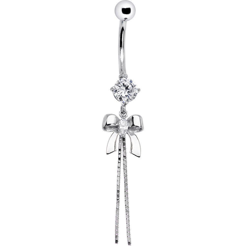 16 Gauge Solid 14kt White Gold Cubic Zirconia Bow Belly Ring