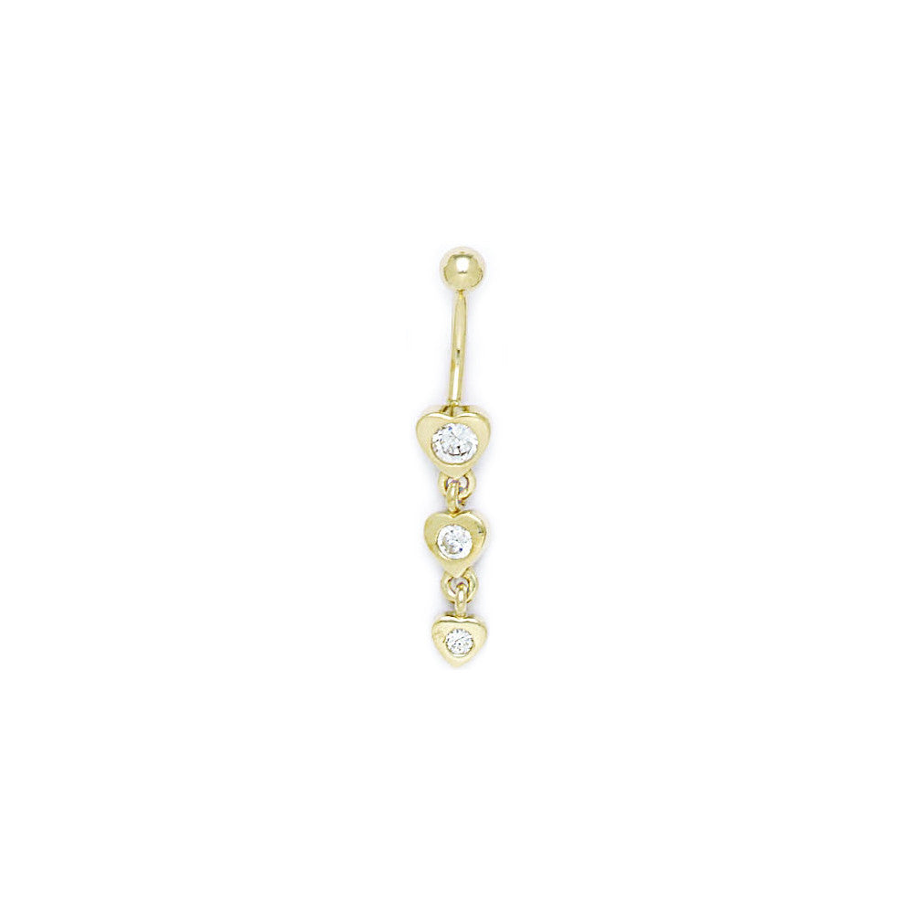 16 Gauge Solid 14kt Yellow Gold Zirconia Heart Drop Belly Ring