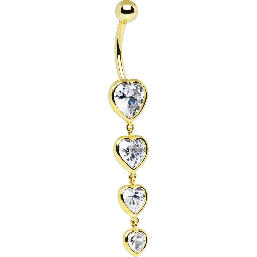 16 Gauge Solid 14kt Yellow Gold Zirconia Quadruplet Heart Belly Ring