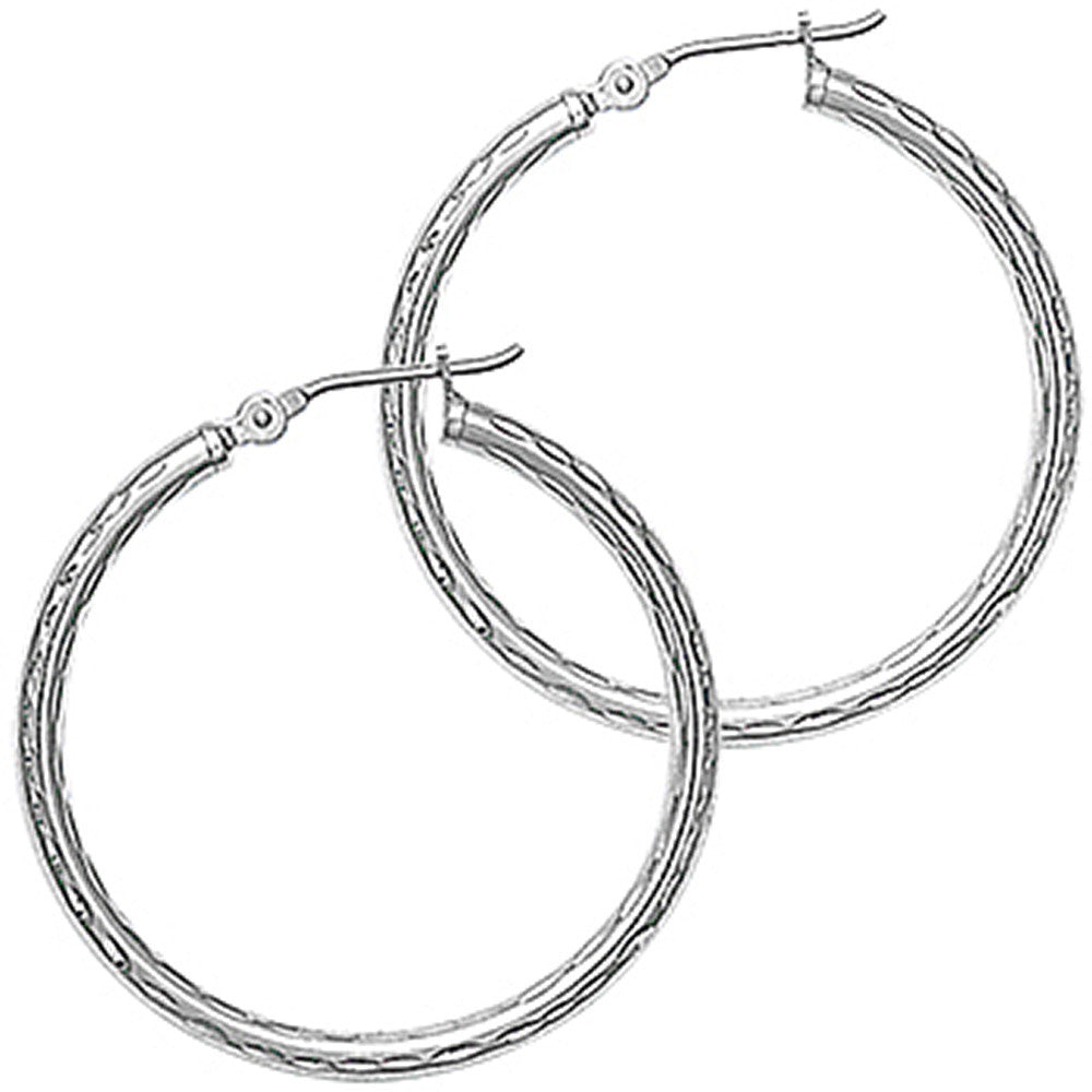 Solid 14KT White Gold 1 1/8 Inch Twist Pattern Hoop Earrings