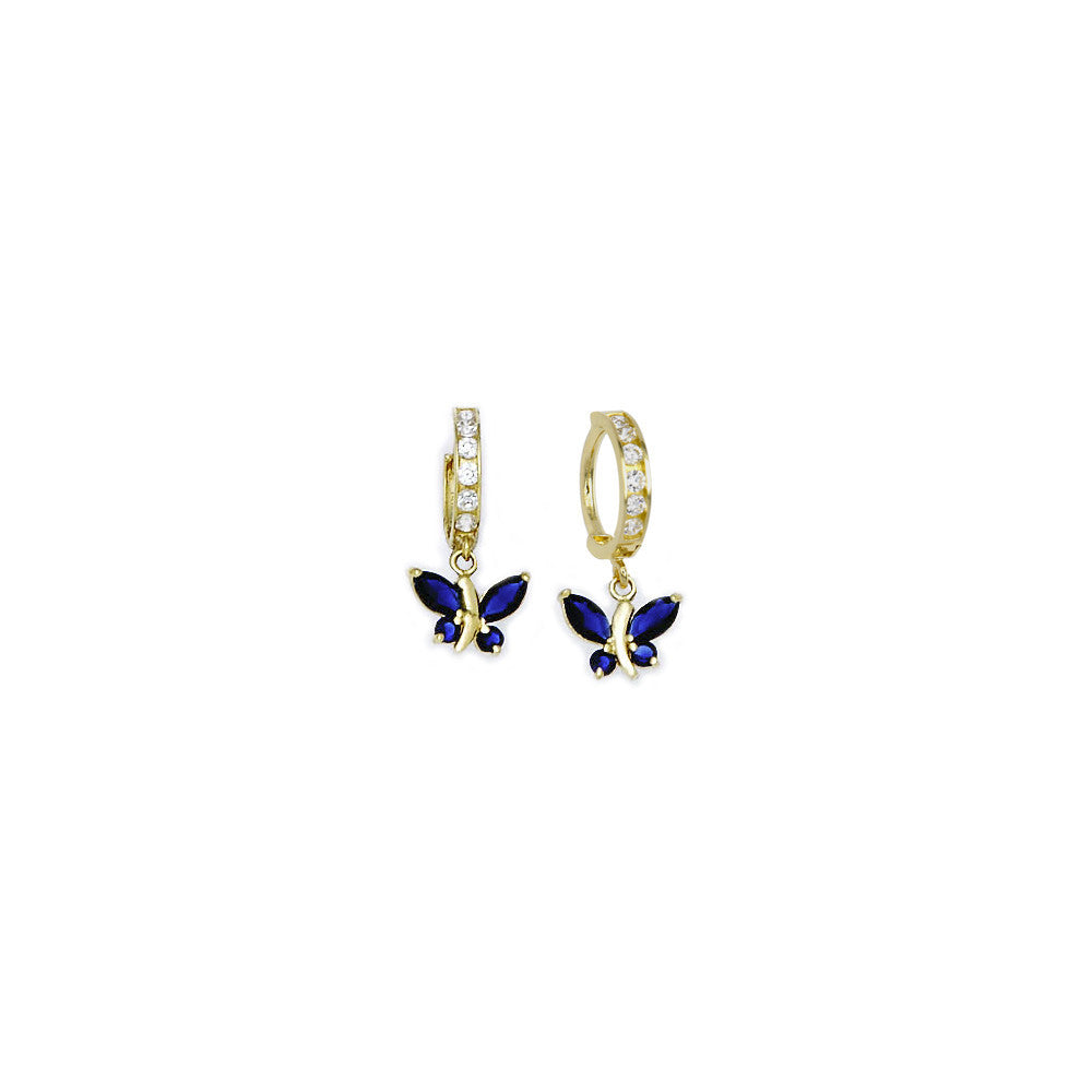 14kt Yellow Gold Sapphire Blue CZ Butterfly Huggy Earrings