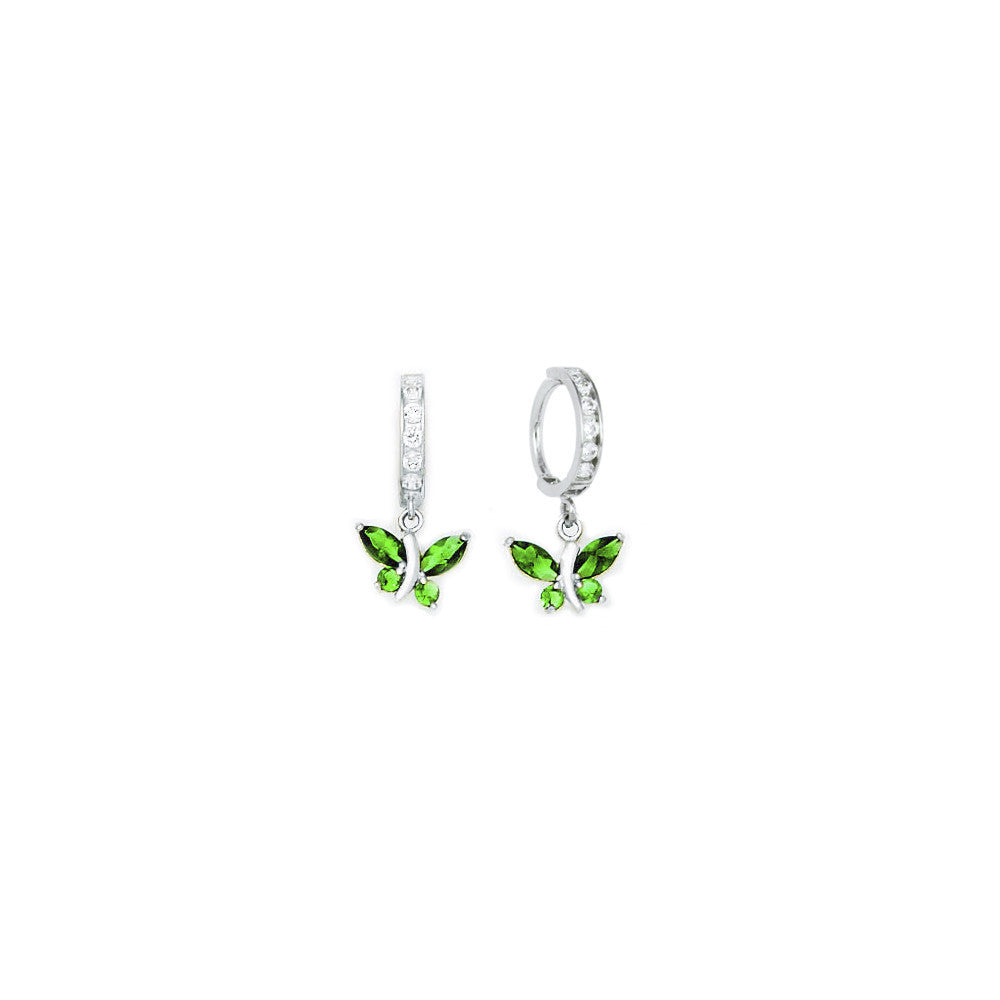 14kt White Gold Emerald CZ Butterfly Huggy Earrings