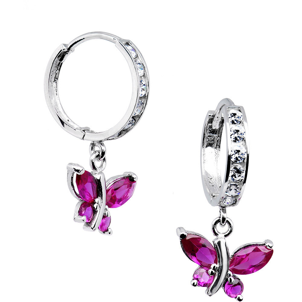 14kt White Gold Fuchsia CZ Butterfly Huggy Earrings