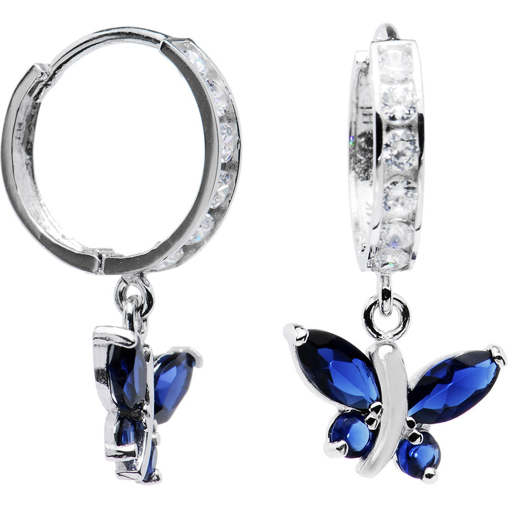 14kt White Gold Sapphire Blue CZ Butterfly Huggy Earrings