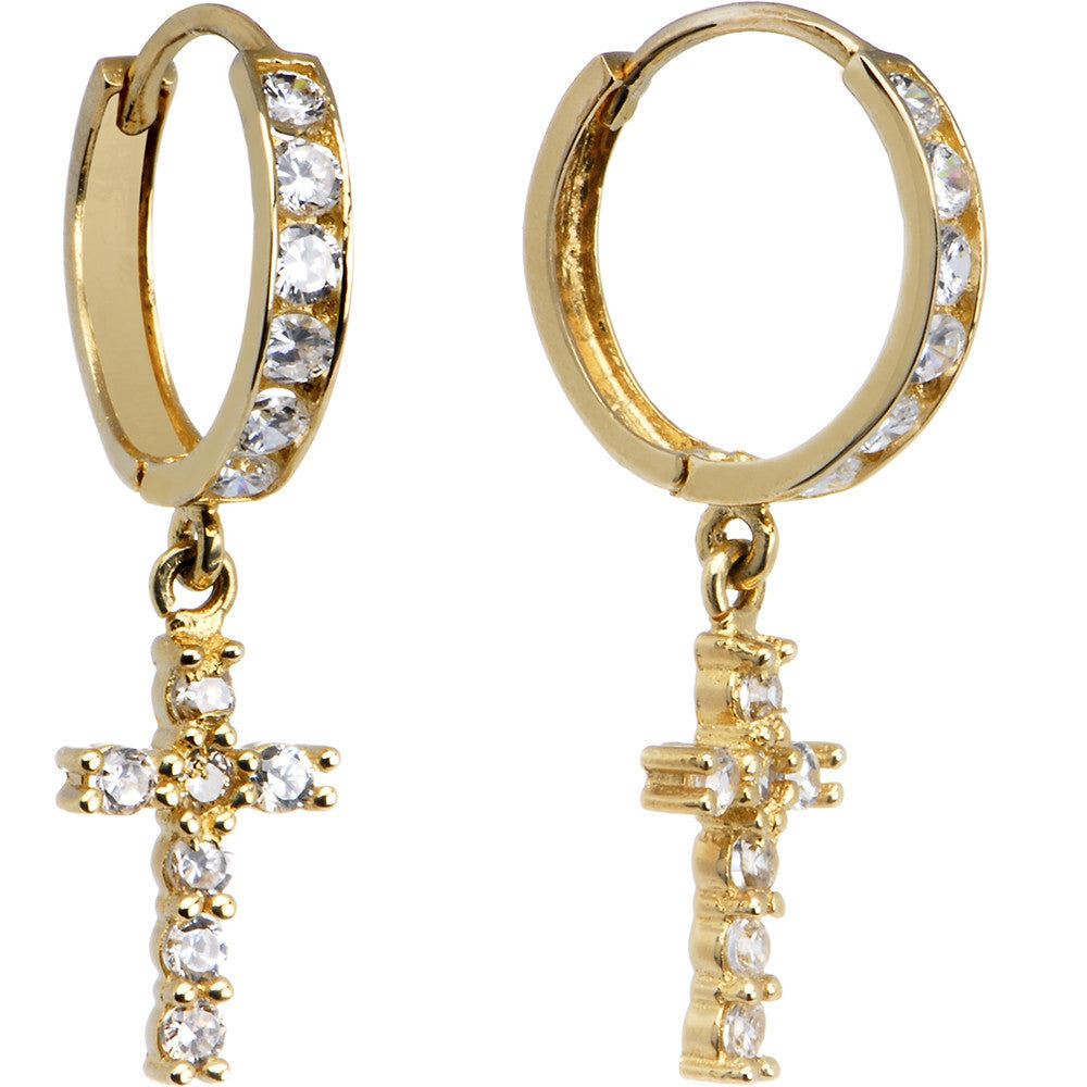 14kt Yellow Gold CZ Cross Huggy Earrings 8mm