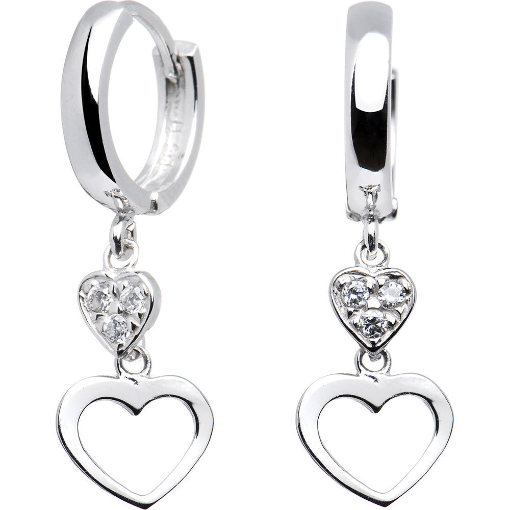 14kt White Gold CZ  Dual Heart Huggy Earrings