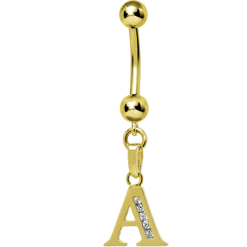 16 Gauge Solid 14kt Yellow Gold CZ Initial A Belly Ring