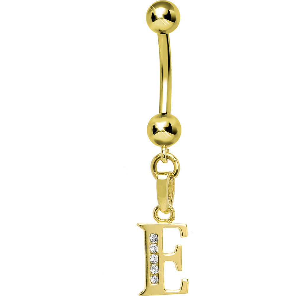 16 Gauge Solid 14kt Yellow Gold CZ Initial E Belly Ring