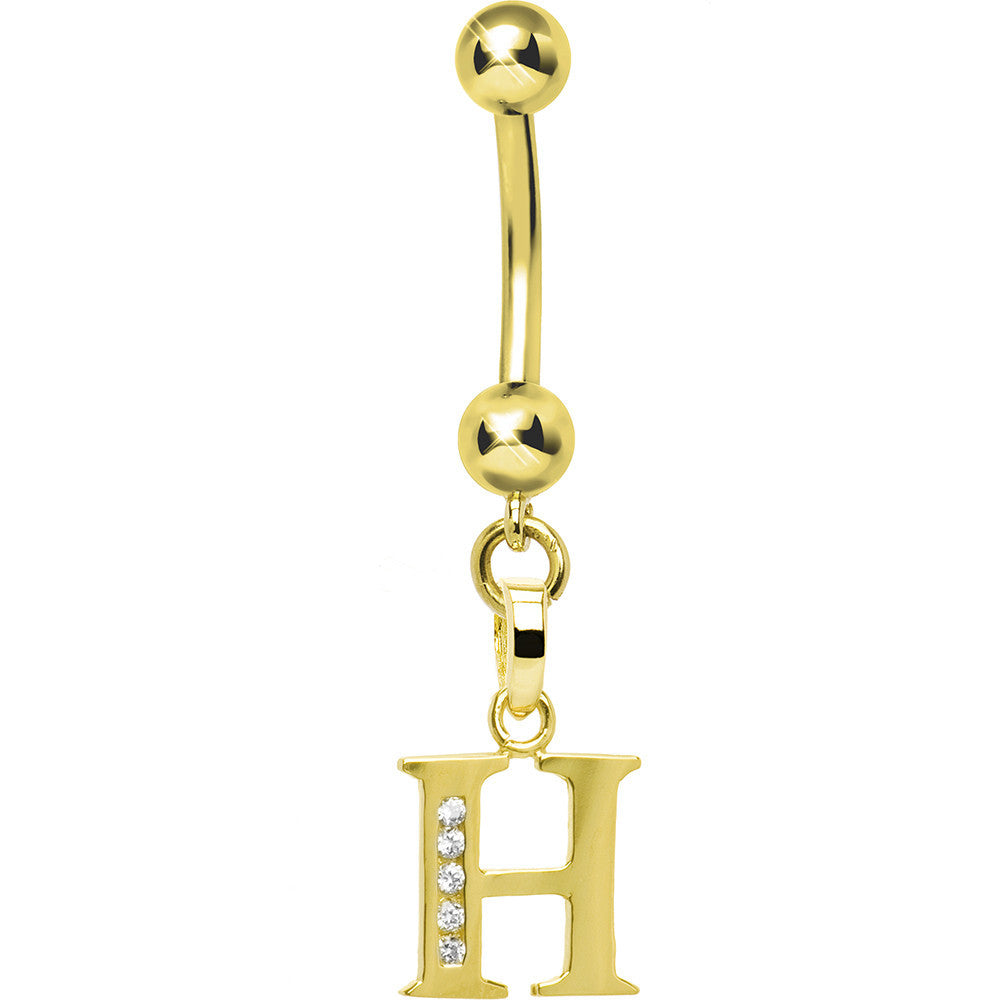 16 Gauge Solid 14kt Yellow Gold CZ Initial H Belly Ring