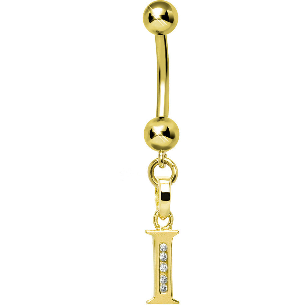 16 Gauge Solid 14kt Yellow Gold CZ Initial I Belly Ring