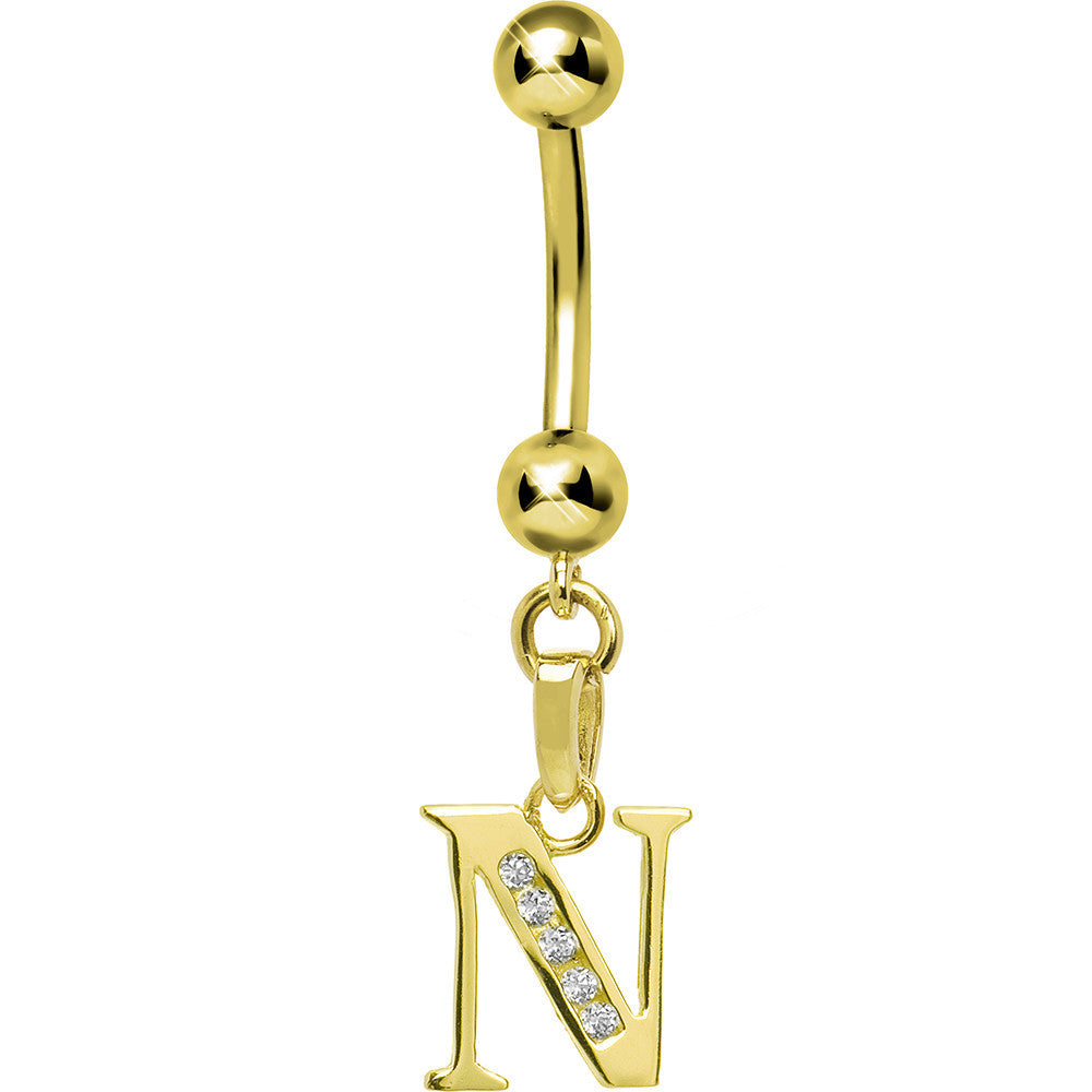 16 Gauge Solid 14kt Yellow Gold CZ Initial N Belly Ring