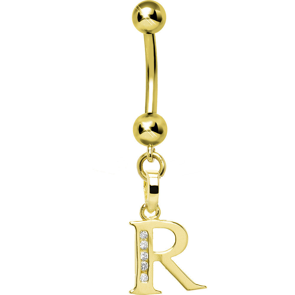 16 Gauge Solid 14kt Yellow Gold CZ Initial R Belly Ring