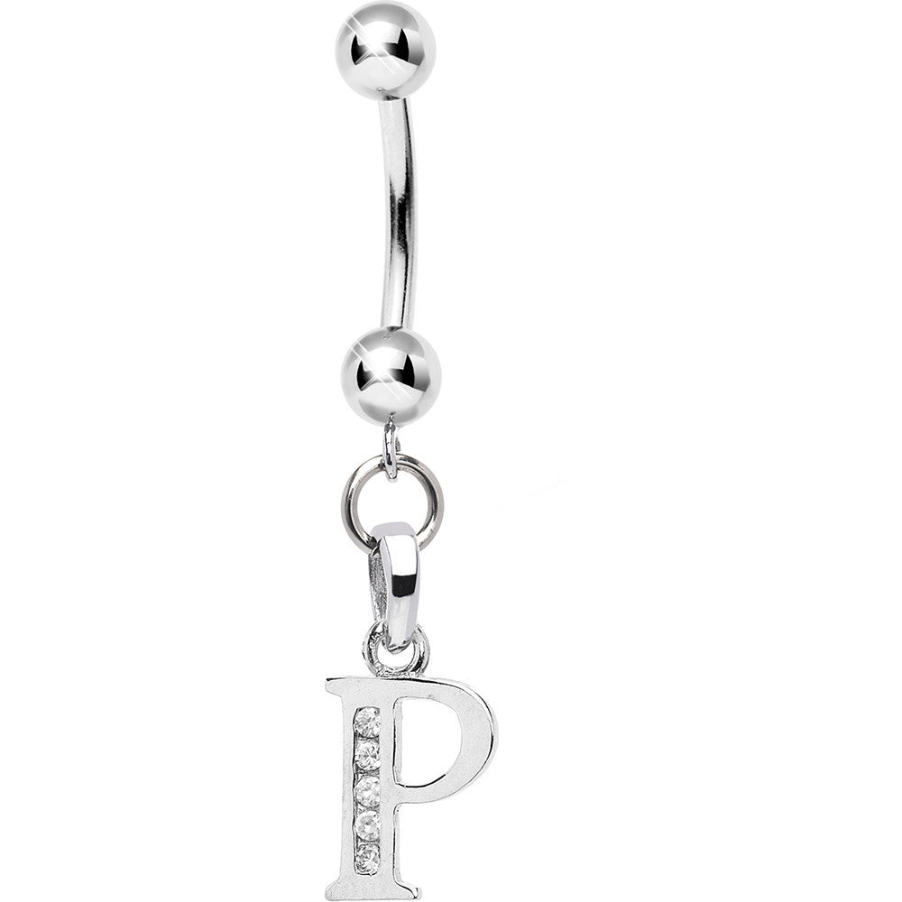 16 Gauge Solid 14kt White Gold CZ Initial P Belly Ring