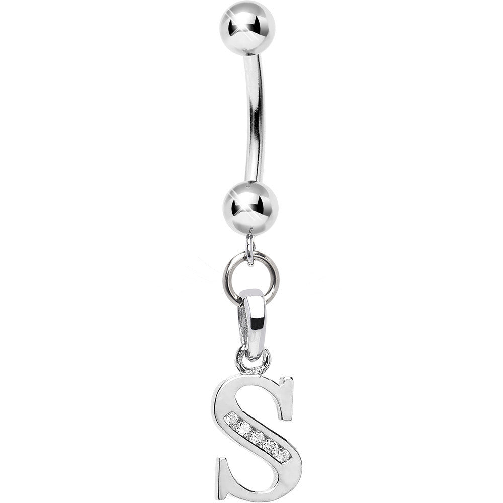 16 Gauge Solid 14kt White Gold CZ Initial S Belly Ring