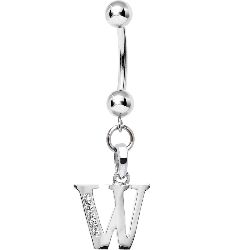 16 Gauge Solid 14kt White Gold CZ Initial W Belly Ring