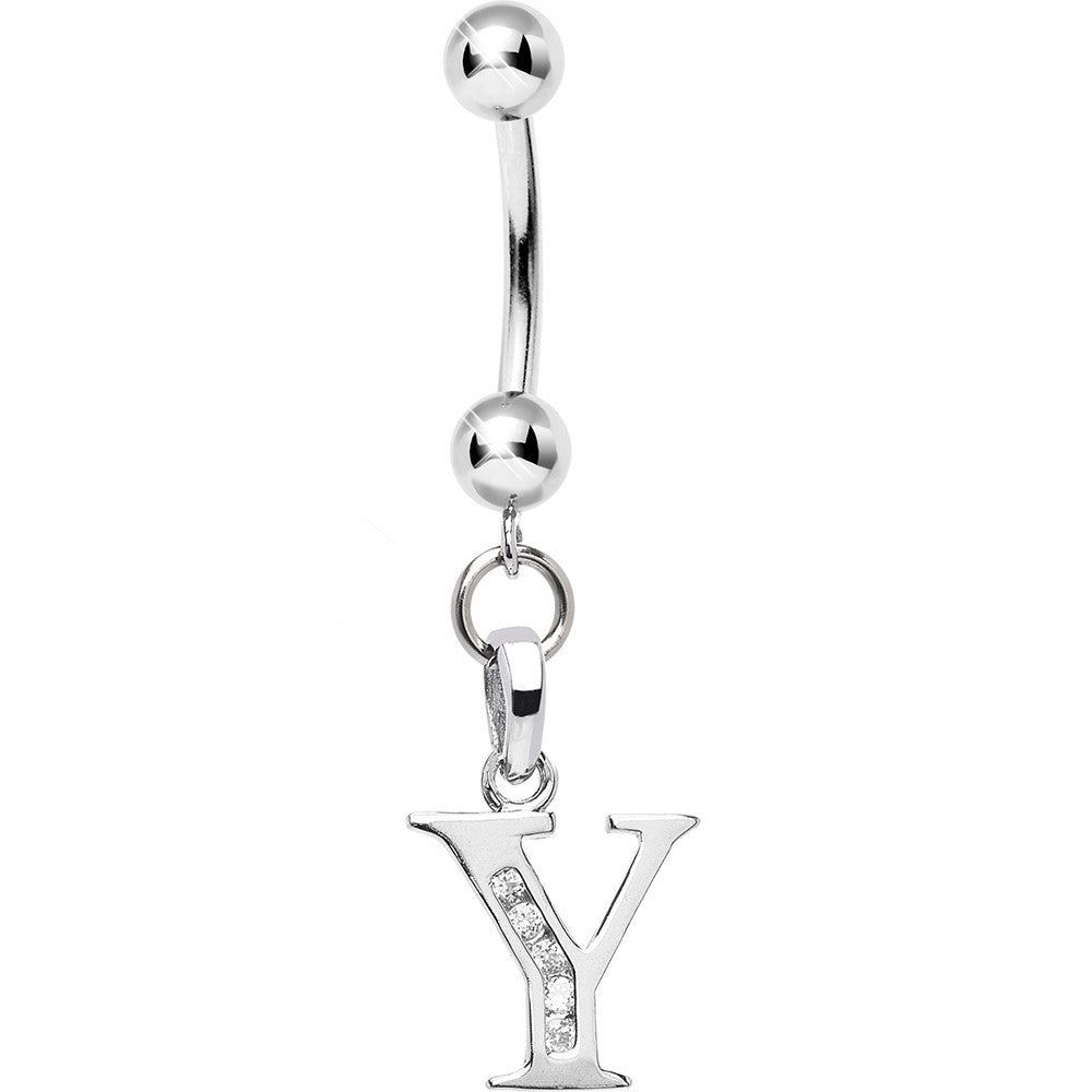 16 Gauge Solid 14kt White Gold CZ Initial Y Belly Ring