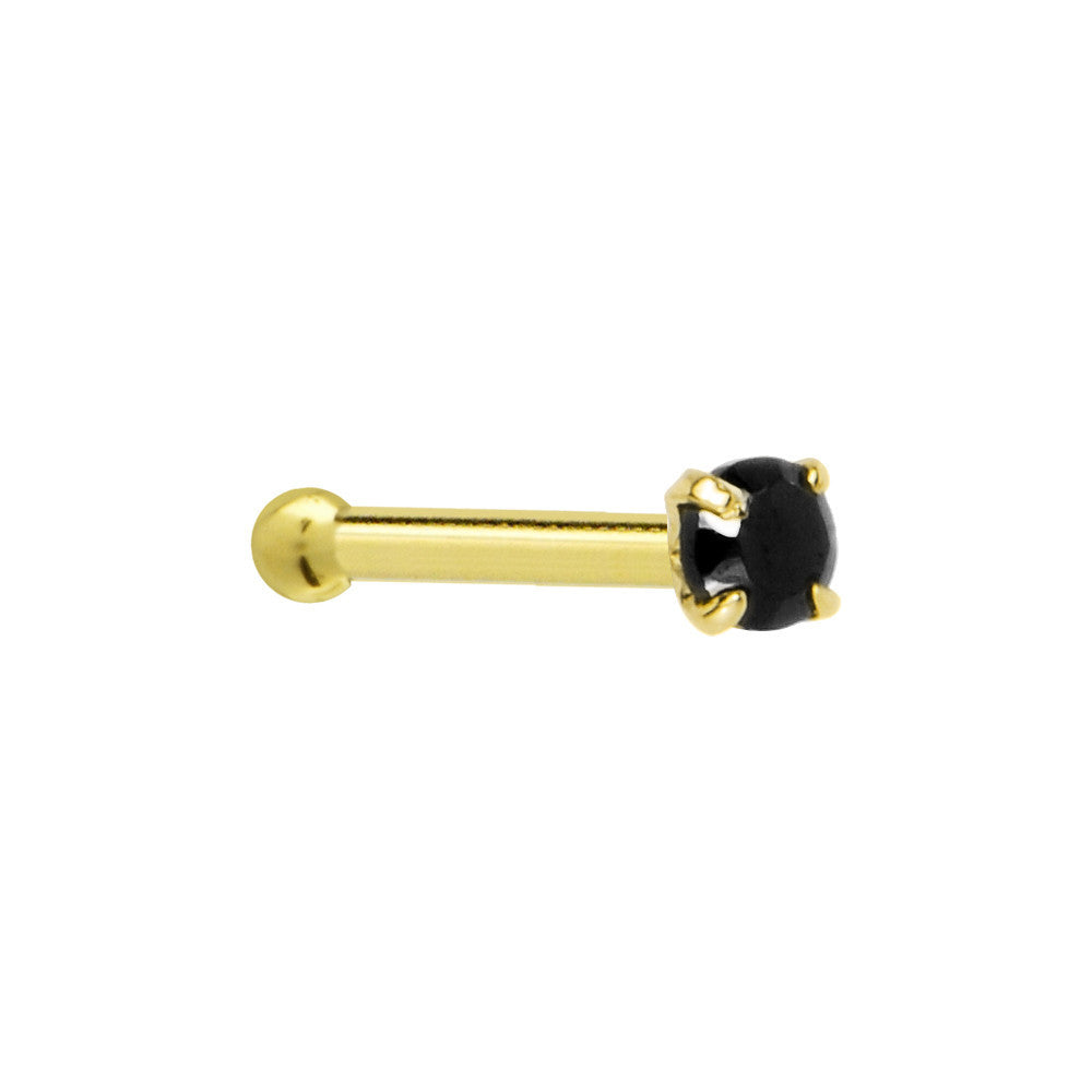 Solid 14KT Yellow Gold 2mm Black Cubic Zirconia Nose Bone