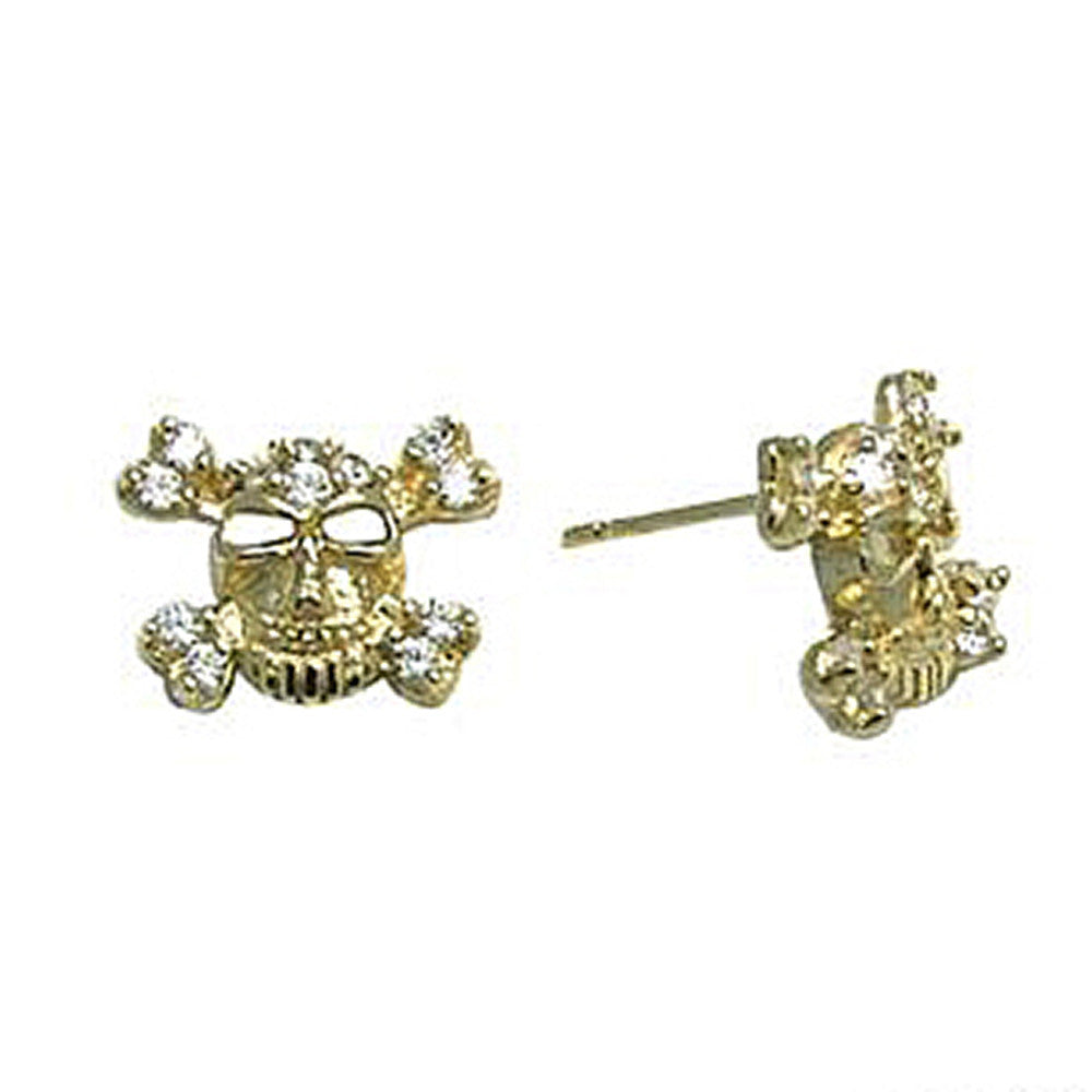 14kt Yellow Gold 6mm CZ Skull Crossbones Stud Earrings