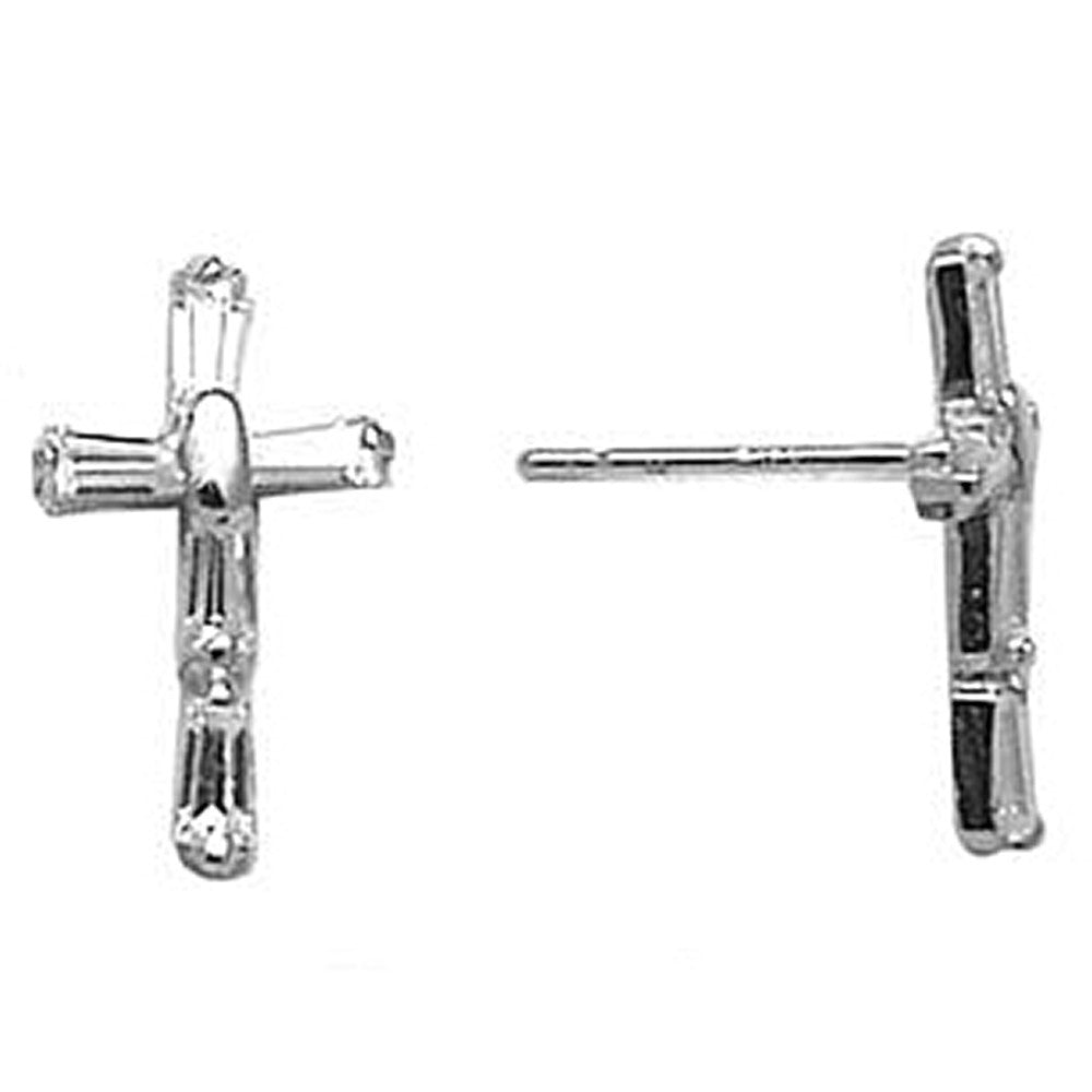 14kt White Gold CZ Baguette Cross Stud Earrings