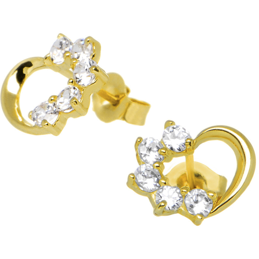 14kt Yellow Gold CZ Hollow Heart Stud Earrings 8mm