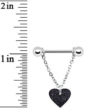 Black Glitter Heart Chain Dangle Nipple Ring Set