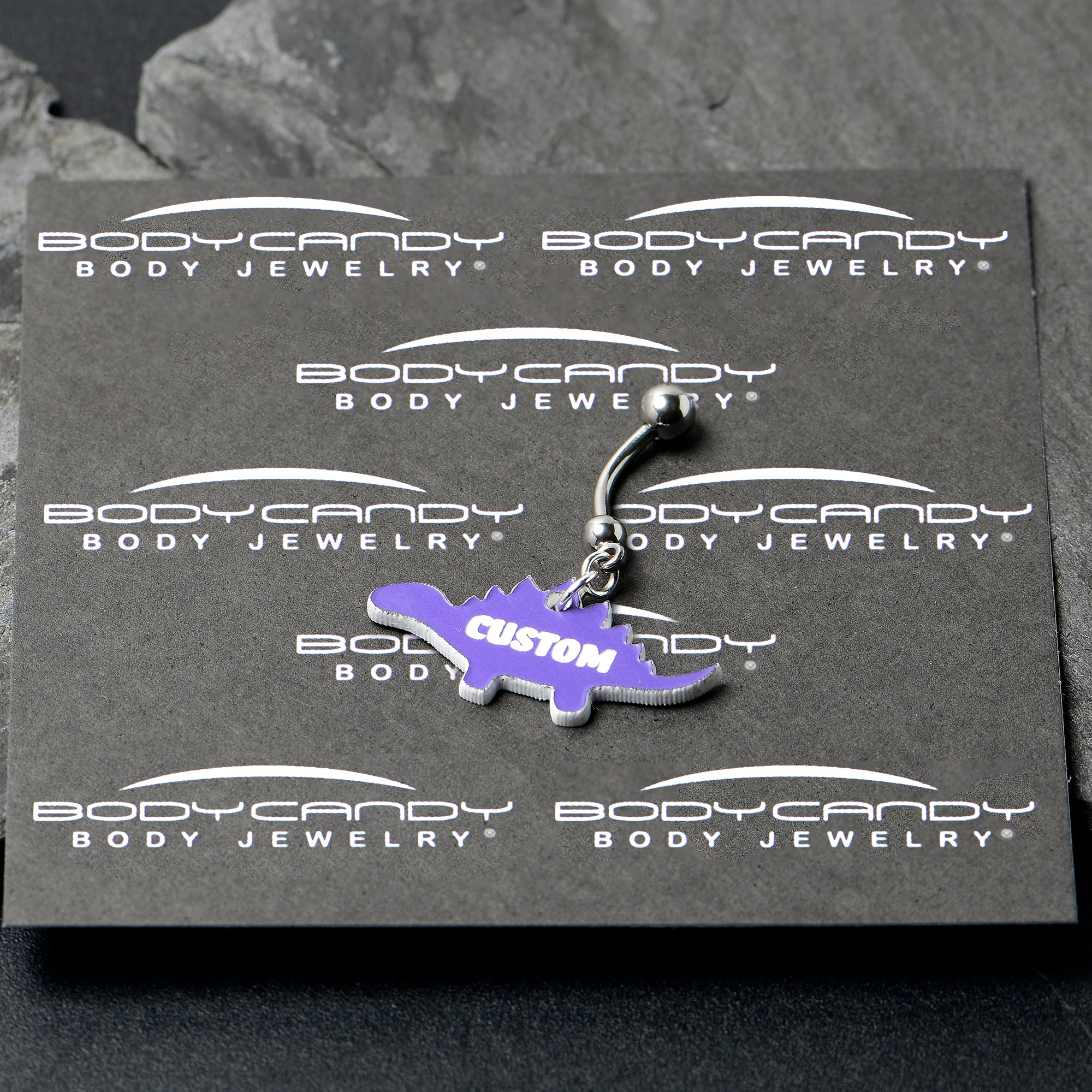 Custom Purple Stegosaurus Dinosaur Personalized Dangle Belly Ring