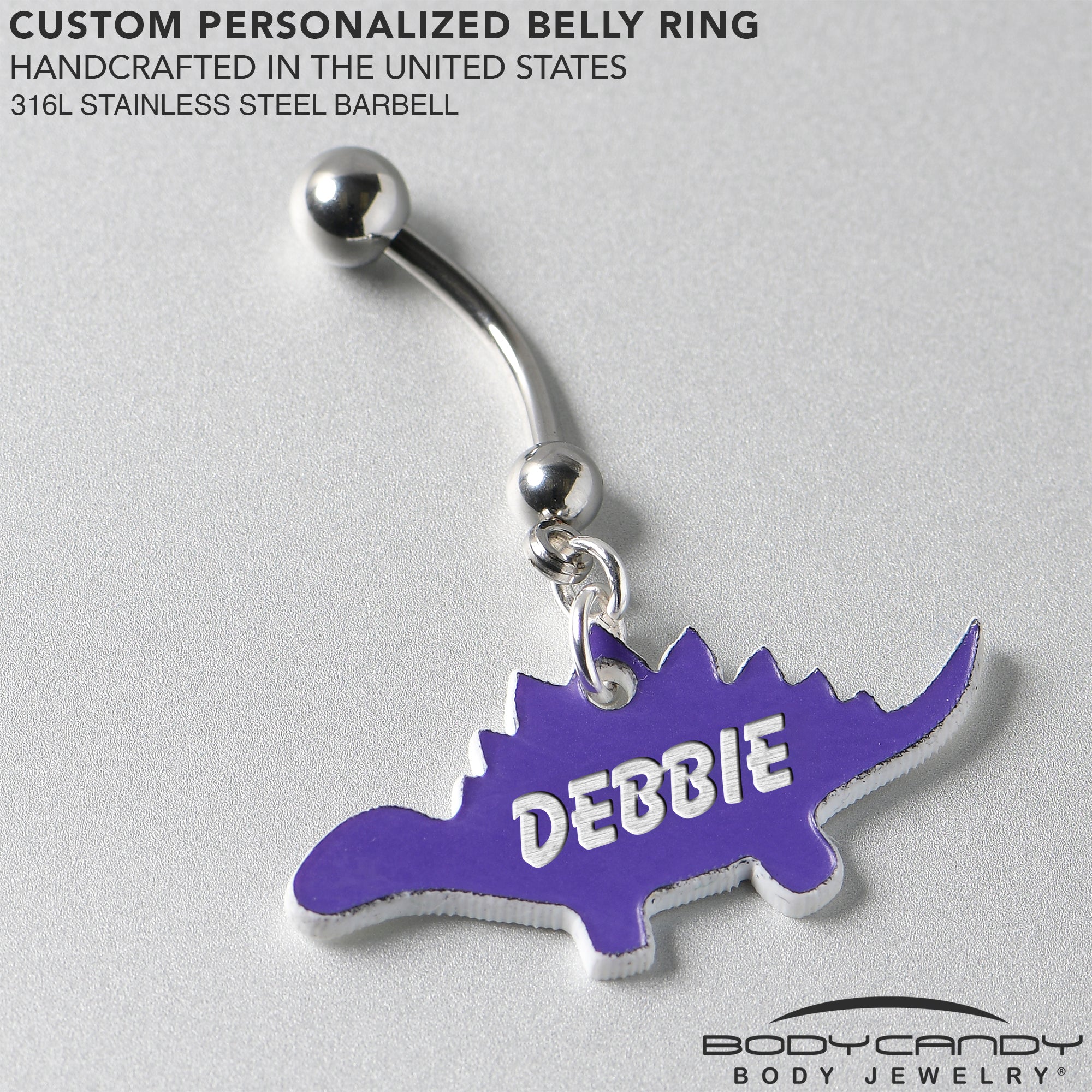 Custom Purple Stegosaurus Dinosaur Personalized Dangle Belly Ring