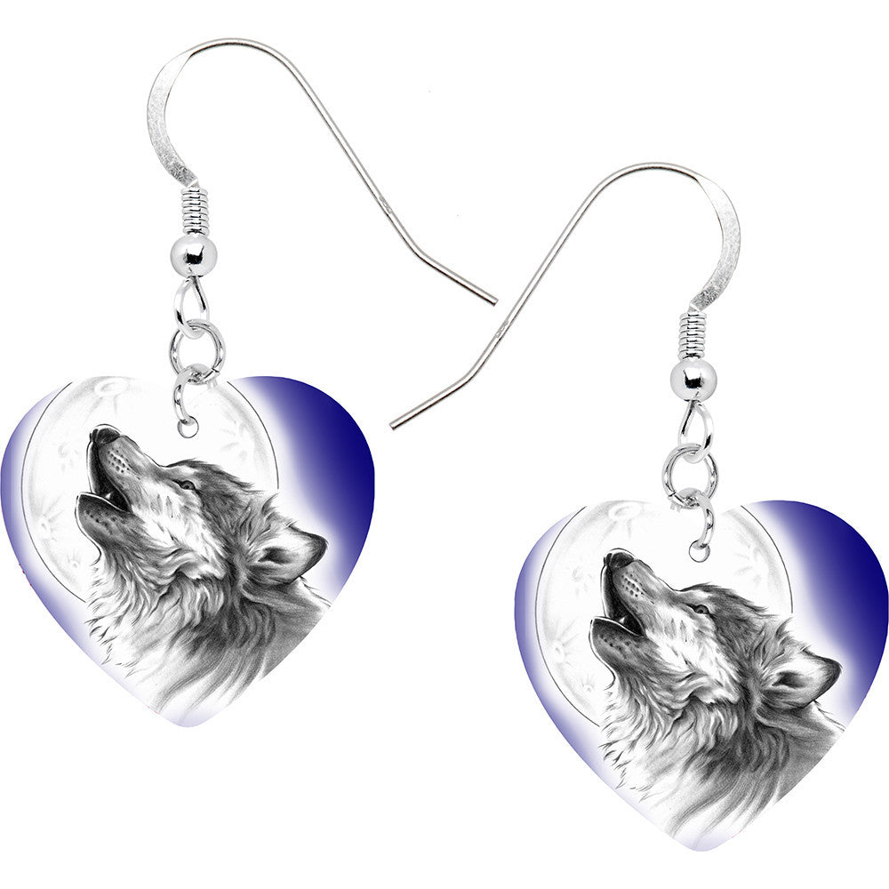 Heart Moon Howling Wolf Earrings