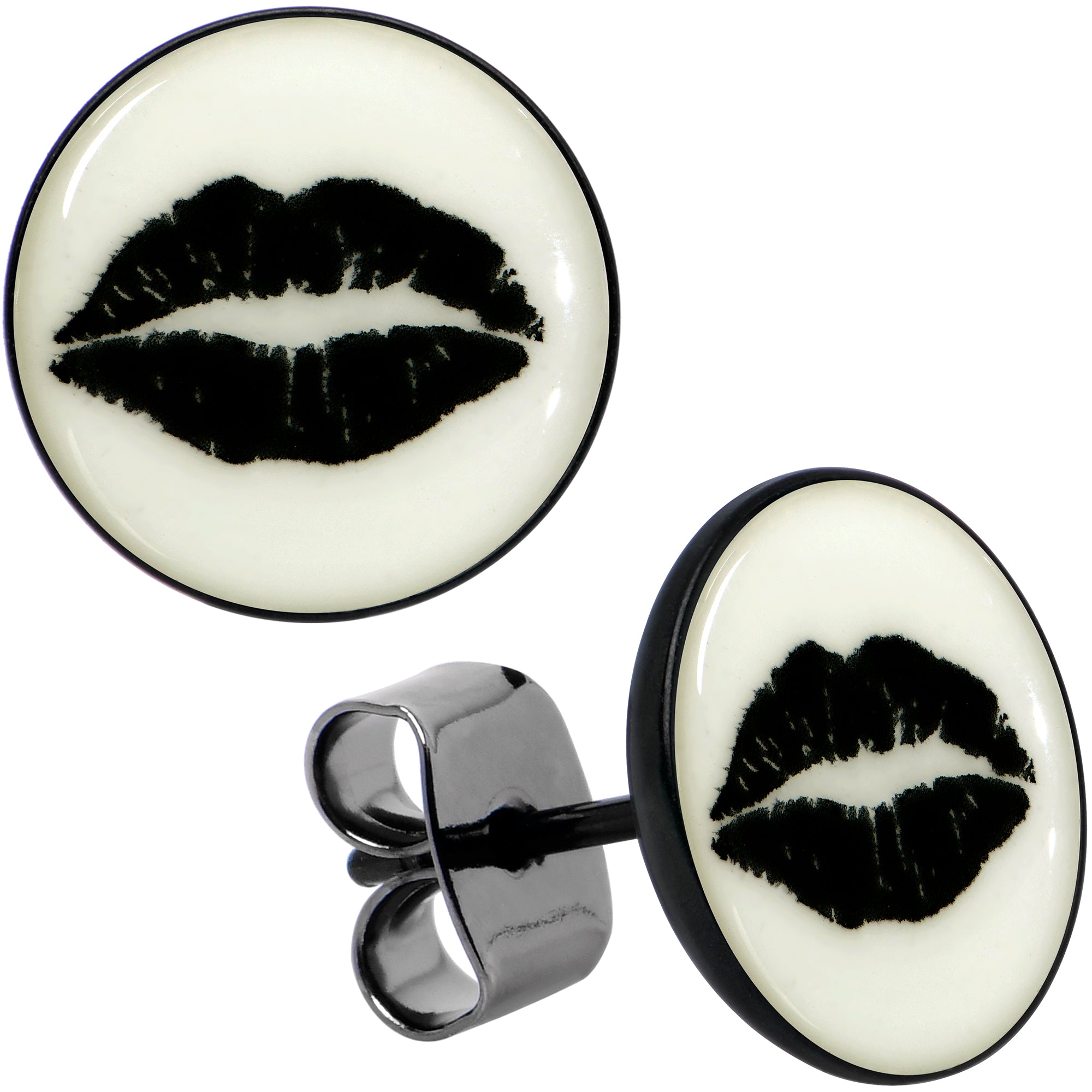 Black Anodized Steel Lipstick Kiss Mark Glow in the Dark Stud Earrings