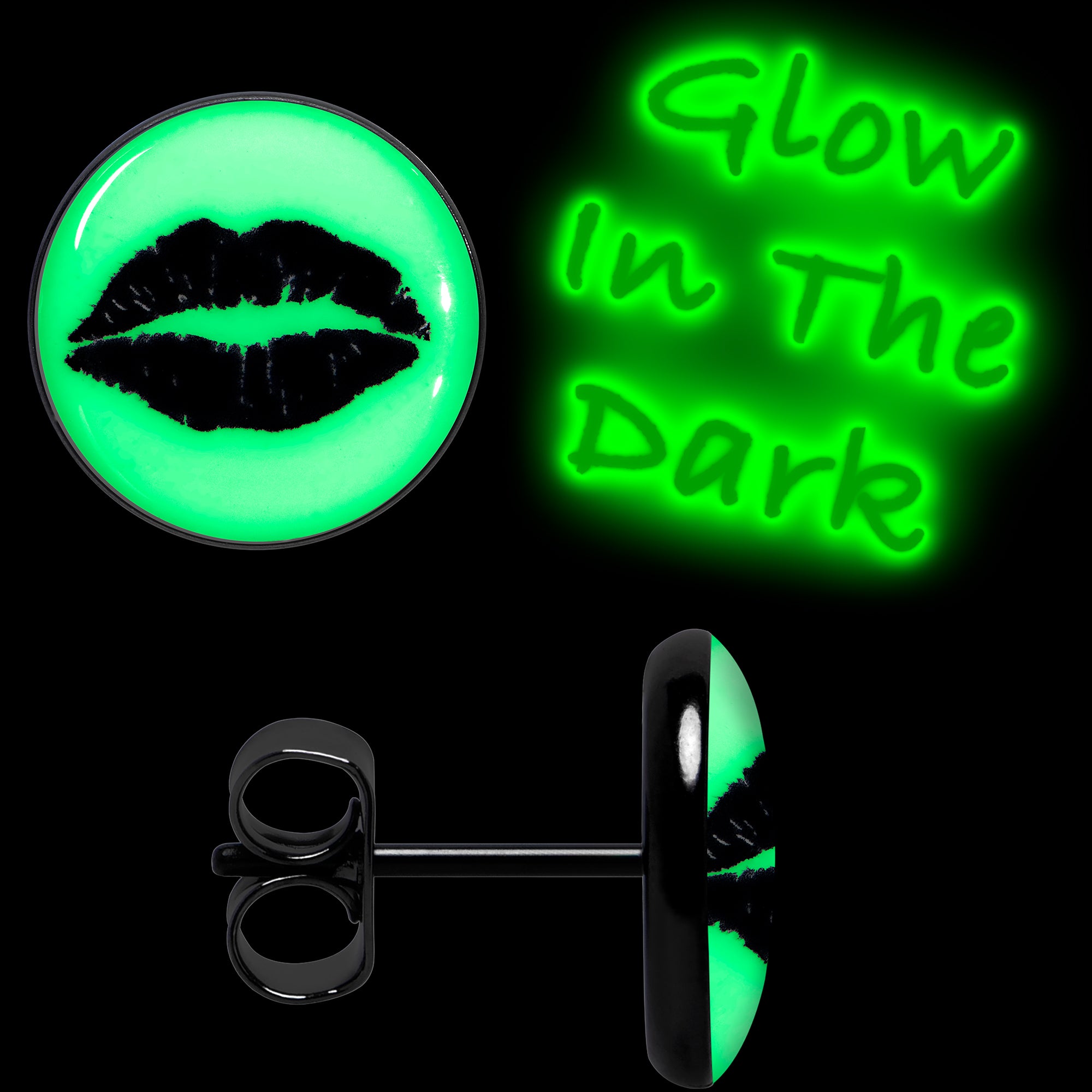 Black Anodized Steel Lipstick Kiss Mark Glow in the Dark Stud Earrings