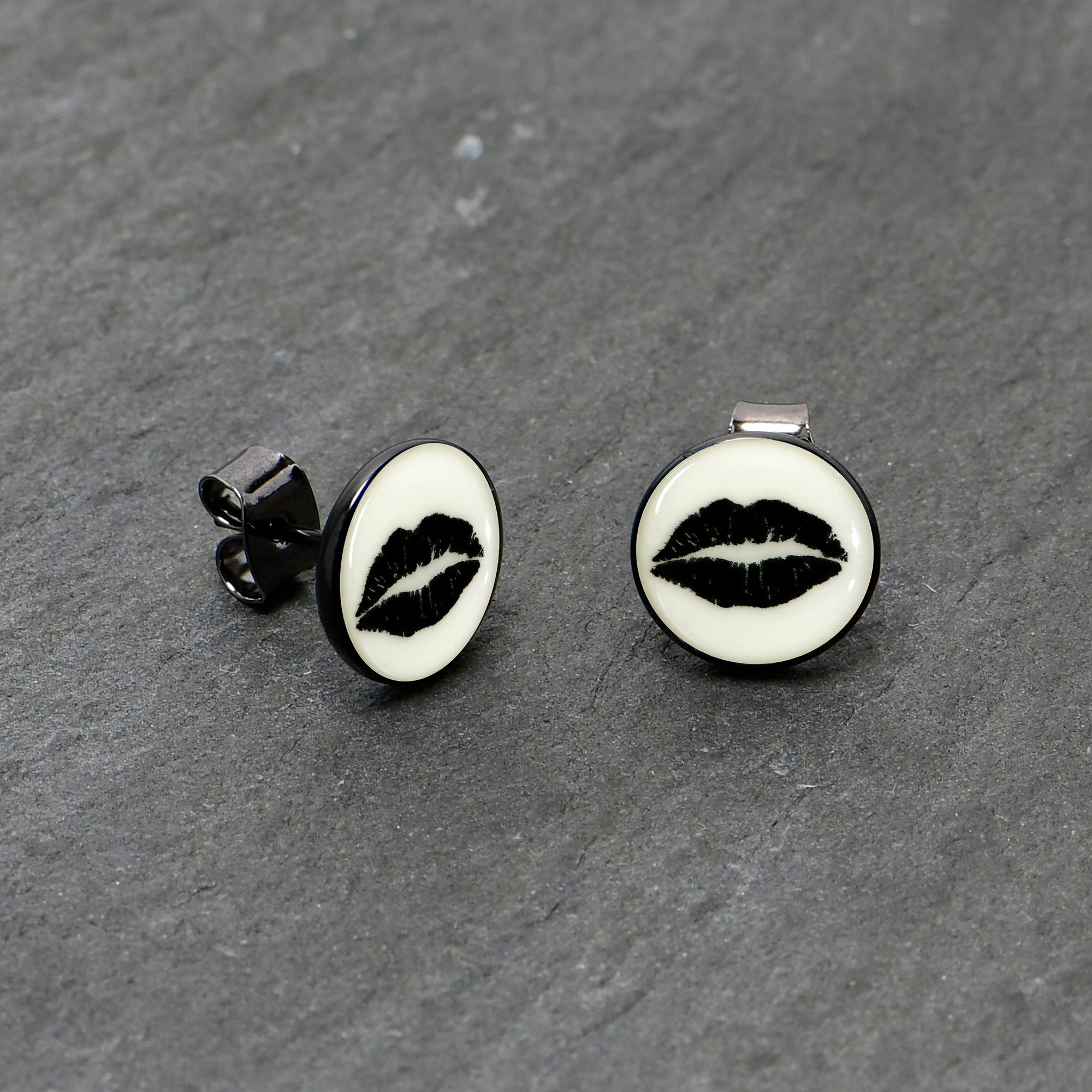 Black Anodized Steel Lipstick Kiss Mark Glow in the Dark Stud Earrings