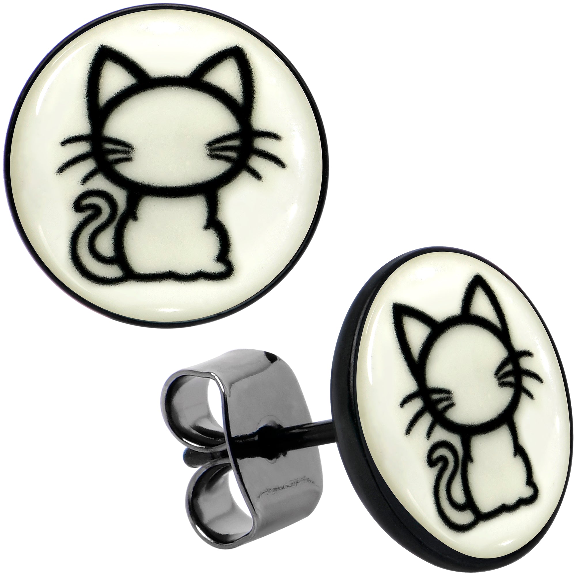 Black Anodized Kitty Cat Glow in the Dark Stud Earrings