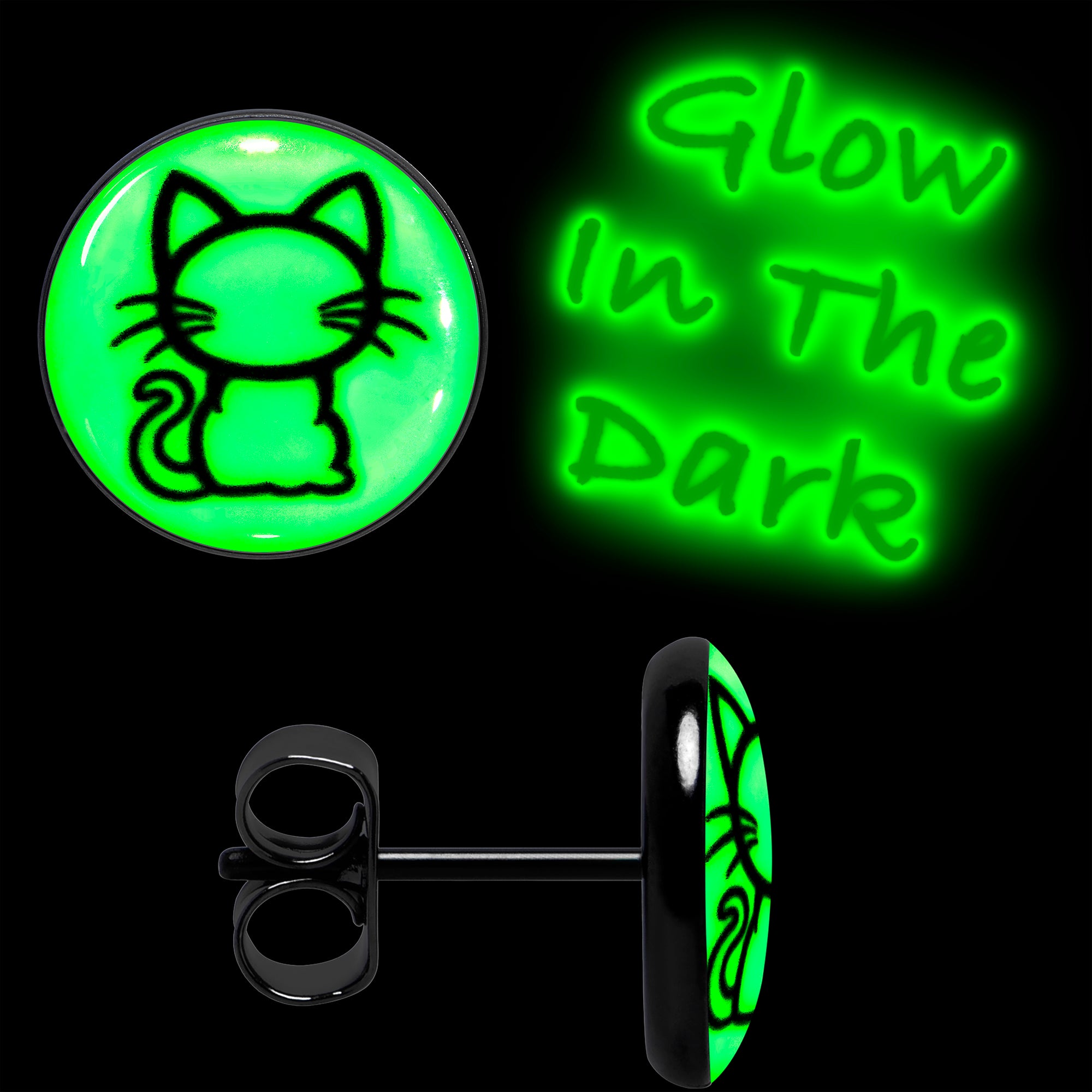 Black Anodized Kitty Cat Glow in the Dark Stud Earrings