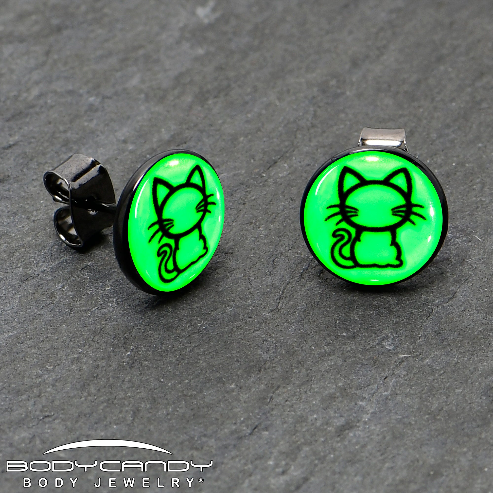 Black Anodized Kitty Cat Glow in the Dark Stud Earrings