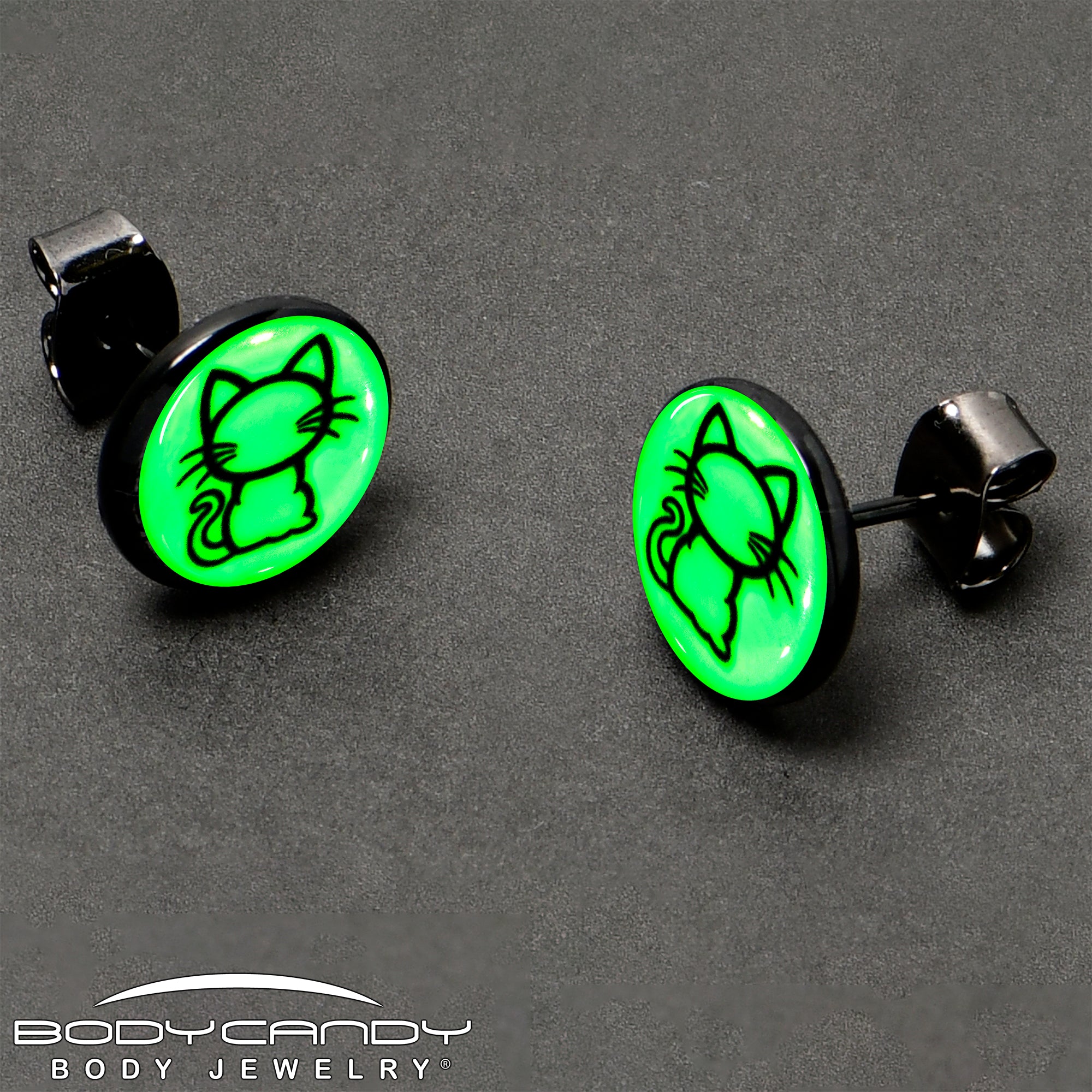 Black Anodized Kitty Cat Glow in the Dark Stud Earrings