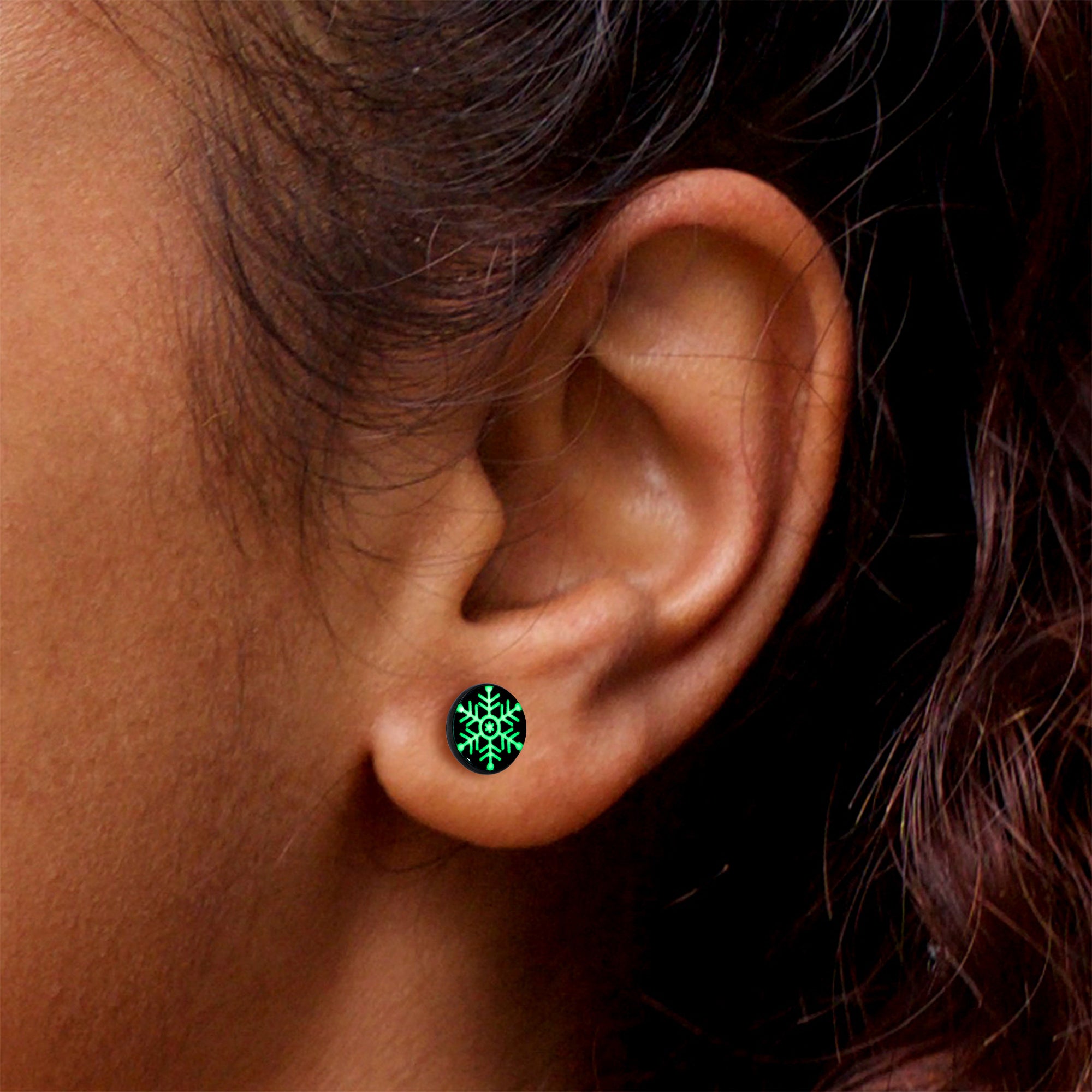 Black Anodized Glow in the Dark Holiday Snowflake Stud Earrings