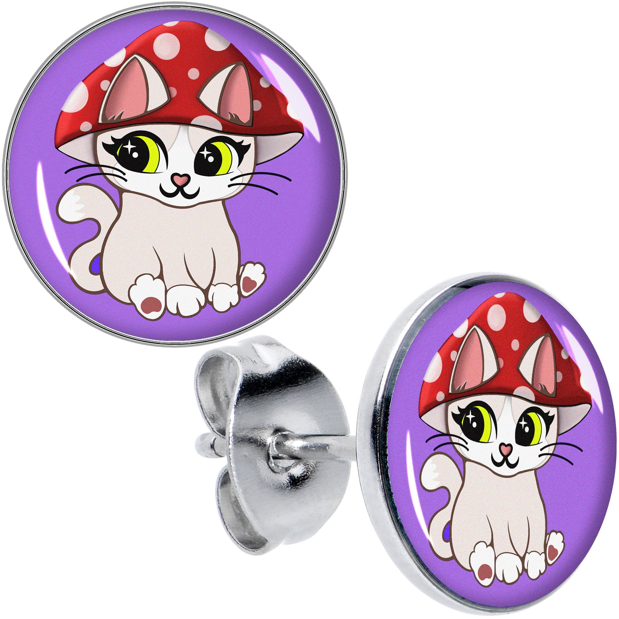 Polka Dot Mushroom Hat Cat Stud Earrings