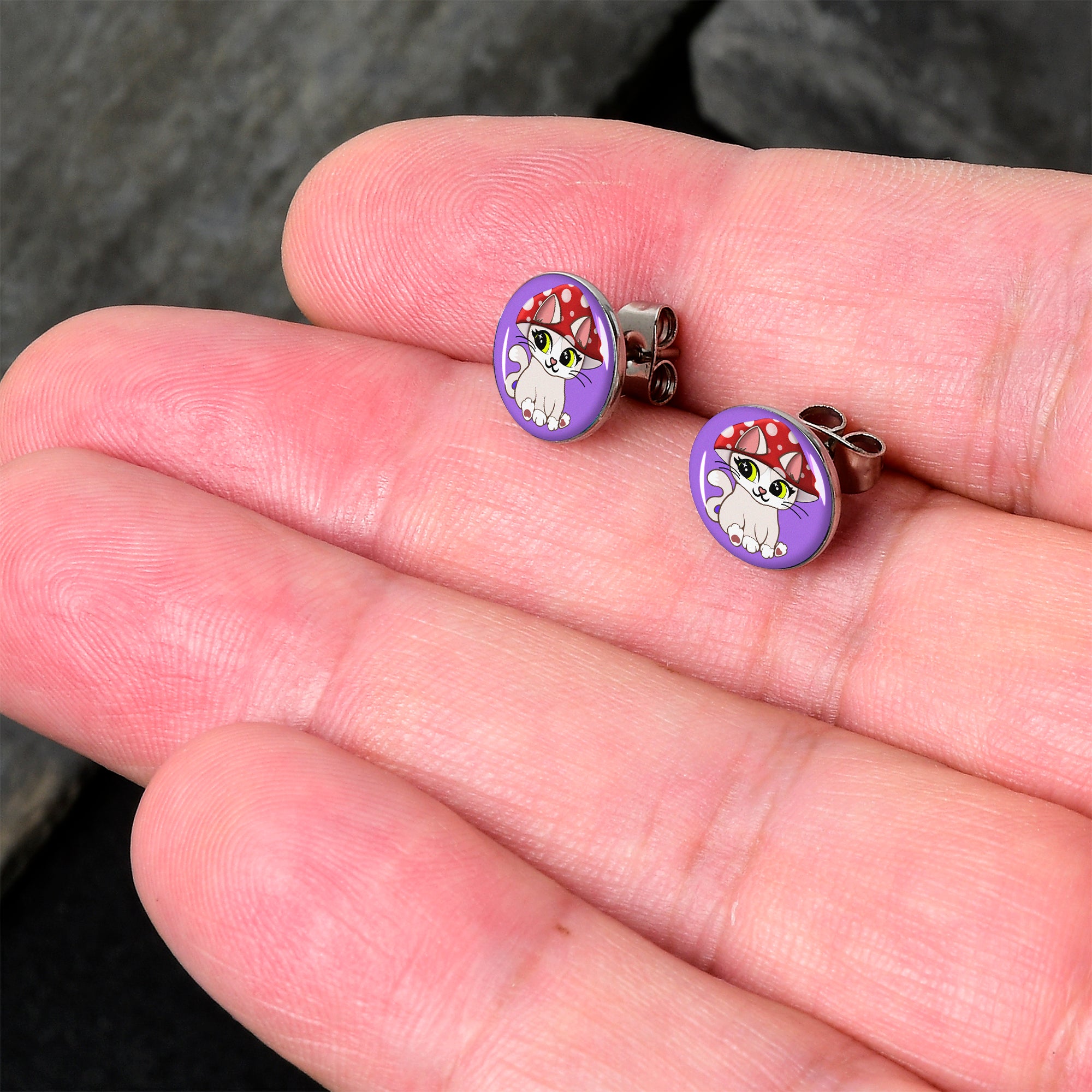 Polka Dot Mushroom Hat Cat Stud Earrings