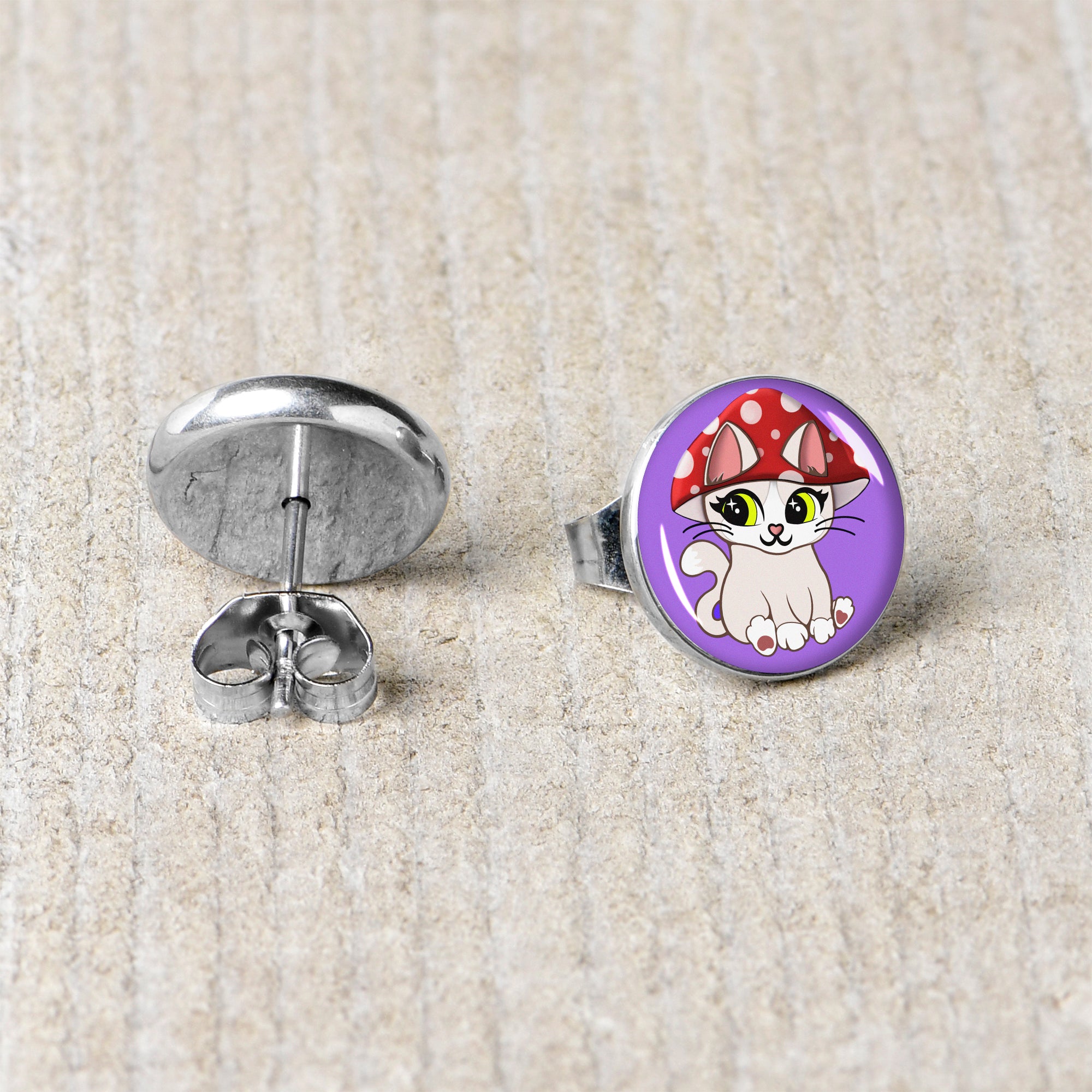 Polka Dot Mushroom Hat Cat Stud Earrings