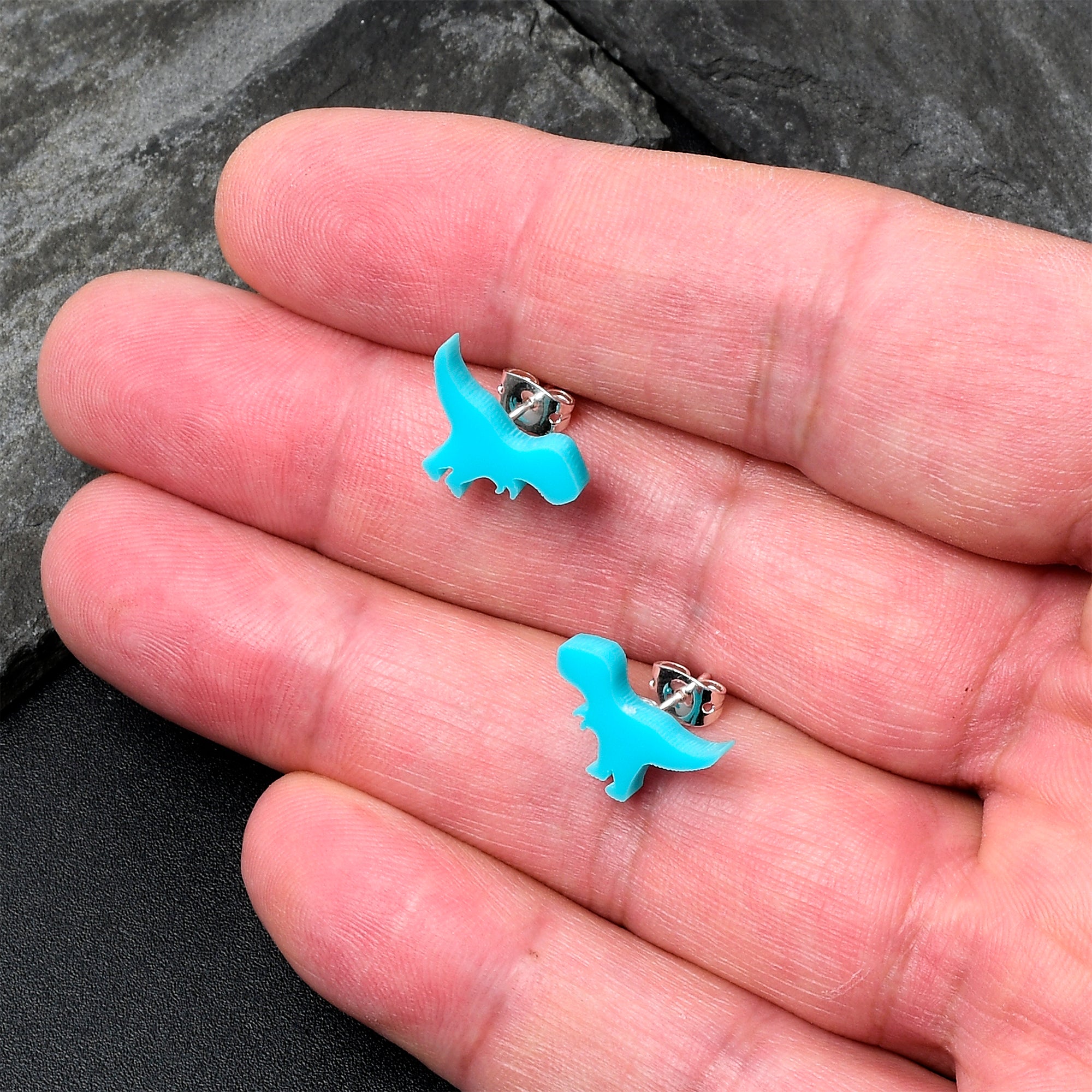 Blue Acrylic Tyrannosaurus Rex Dinosaur Stud Earrings