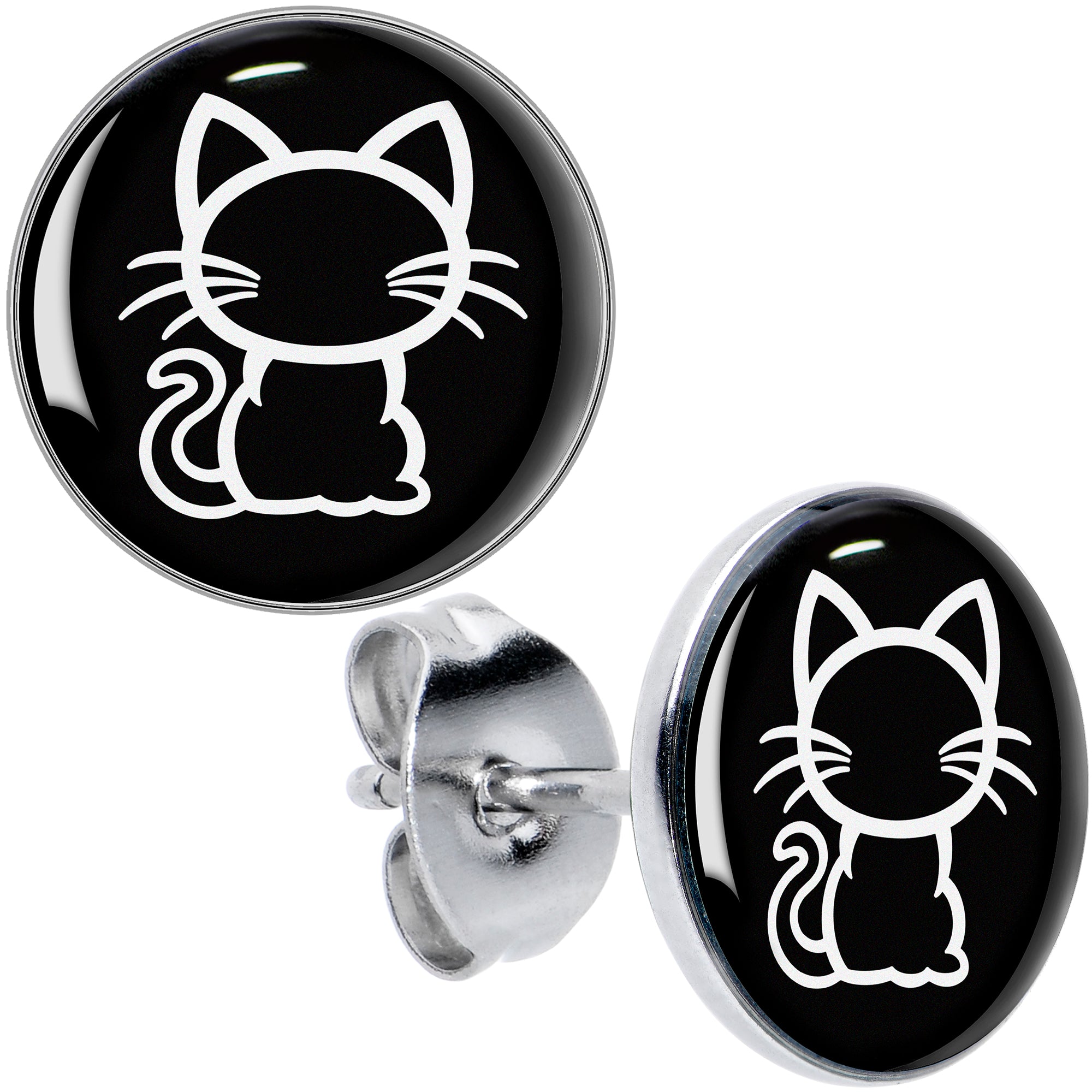 Black and White Kitty Cat Stud Earrings