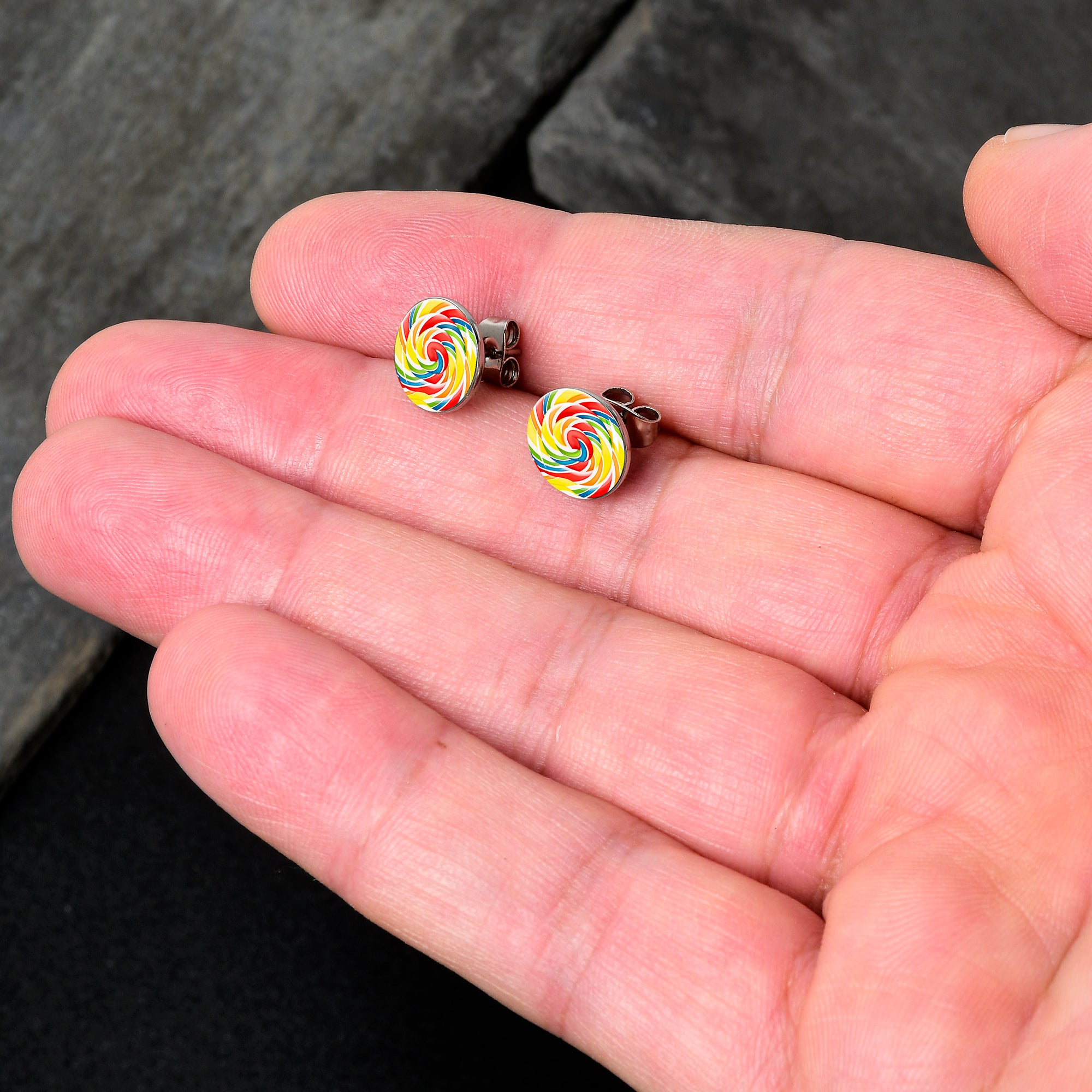 Rainbow Swirl Lollipop Stud Earrings