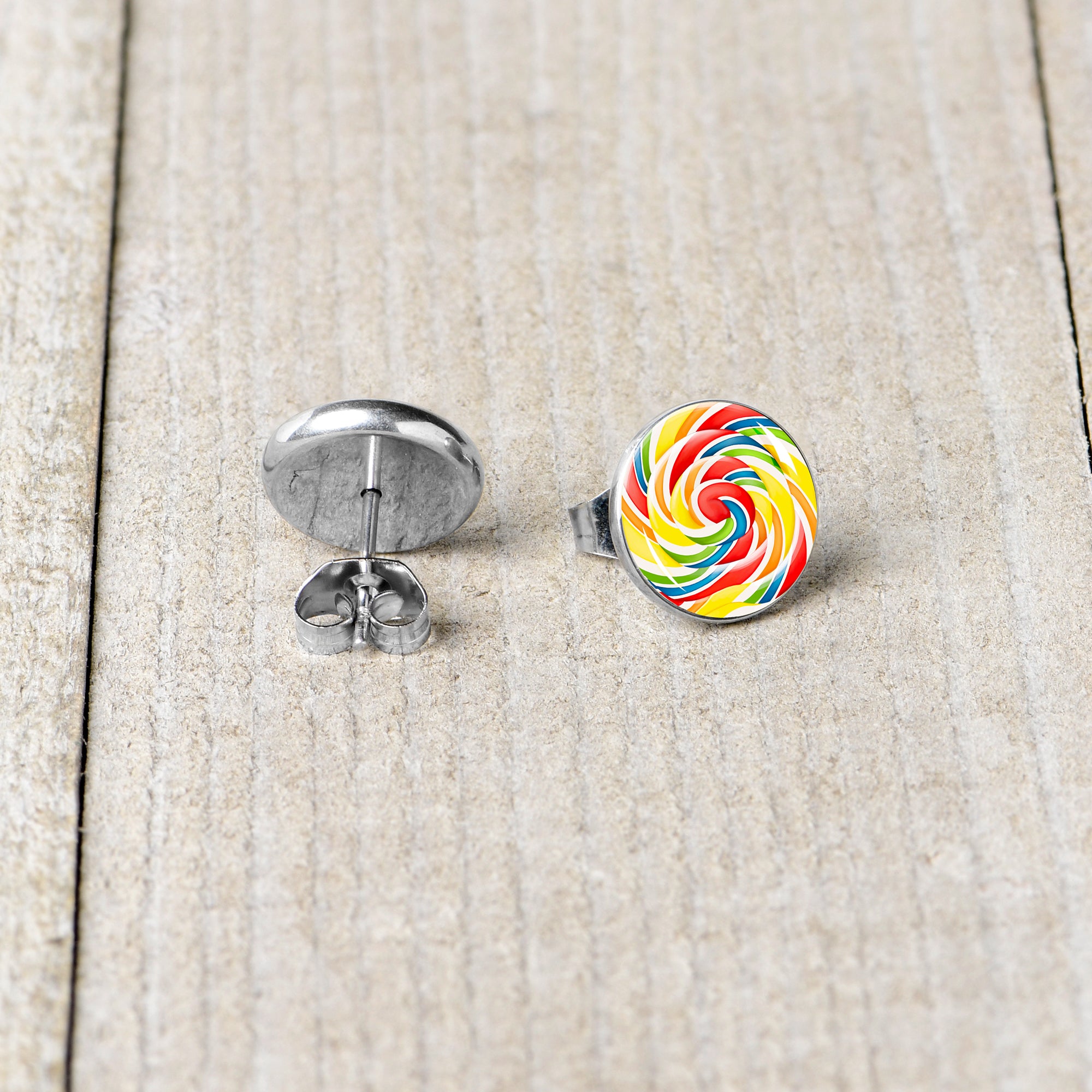 Rainbow Swirl Lollipop Stud Earrings